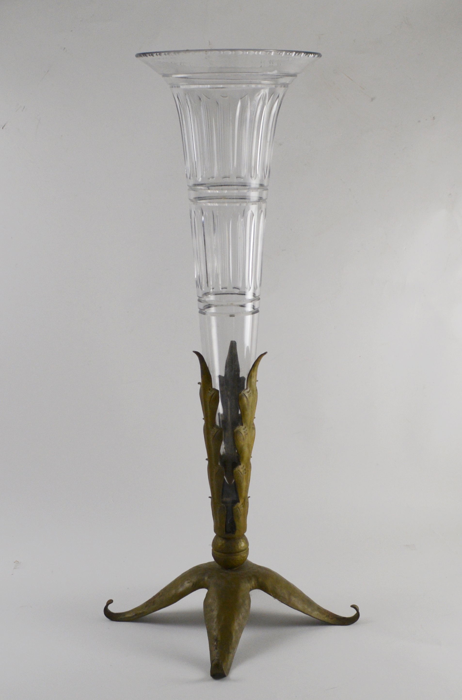 Vintage Glass and Bronze Trumpet Floor Vase