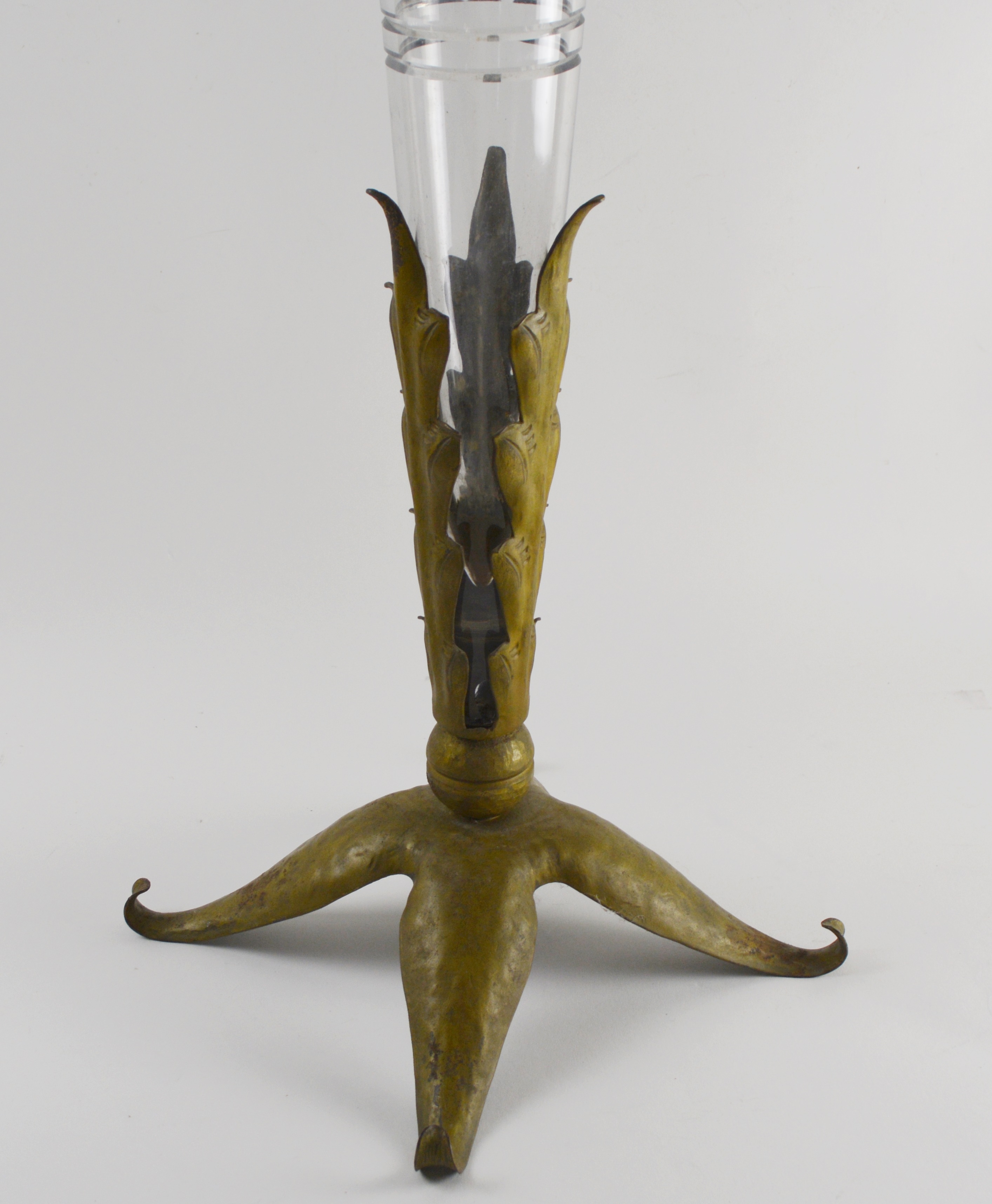 Vintage Glass and Bronze Trumpet Floor Vase