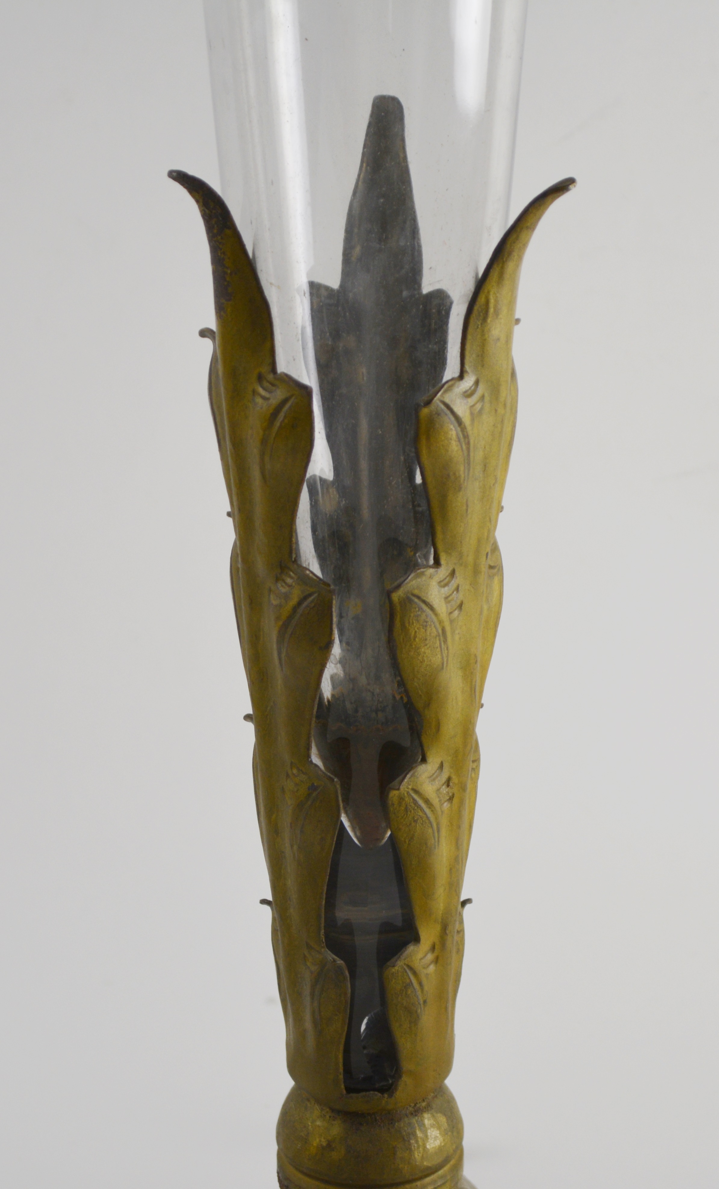 Vintage Glass and Bronze Trumpet Floor Vase