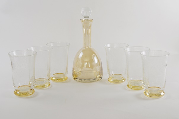 Art Glass Decanter and Bubble Glass Set