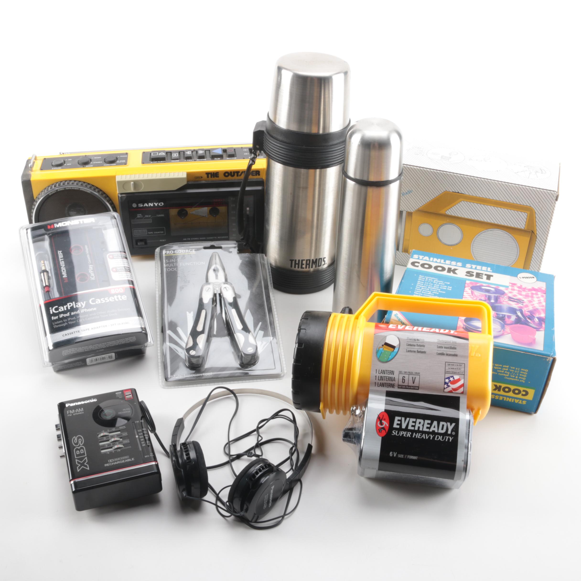 Camping and Outdoor Accessories Including a Sanyo Cassette Recorder