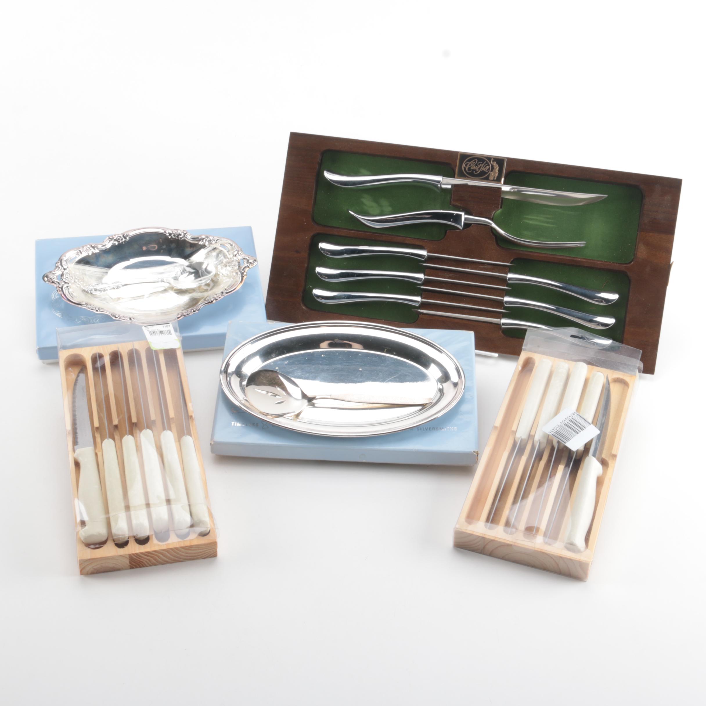 Collection of Knives and Silver Plate Serving Pieces