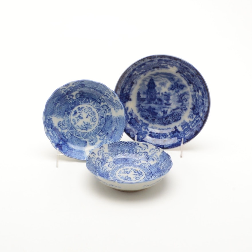 Antique Blue and White Rice Bowls and Wedgwood Flow Blue