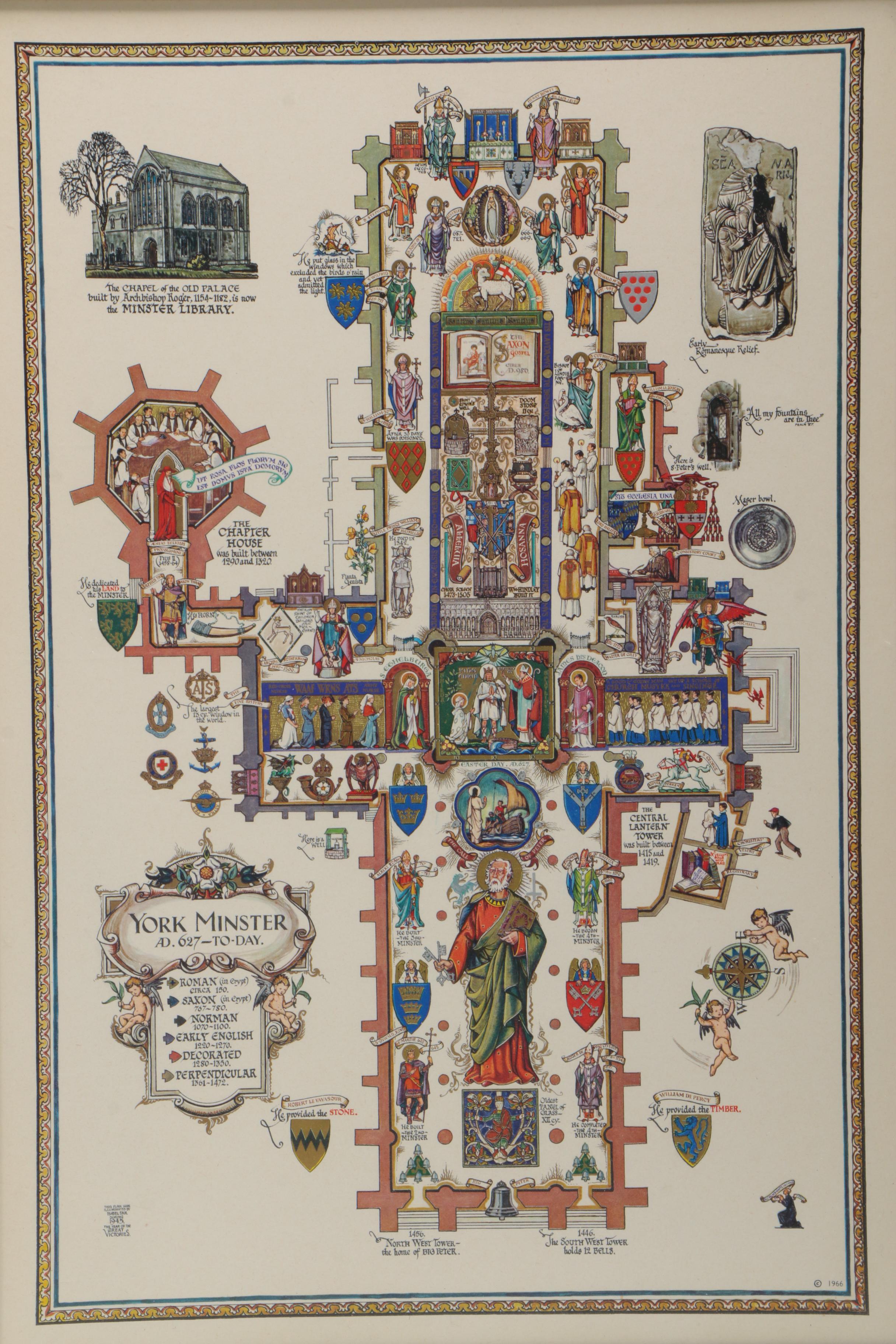 Isabel Saul Offset Lithograph on Paper "York Minster AD. 627 - Today"