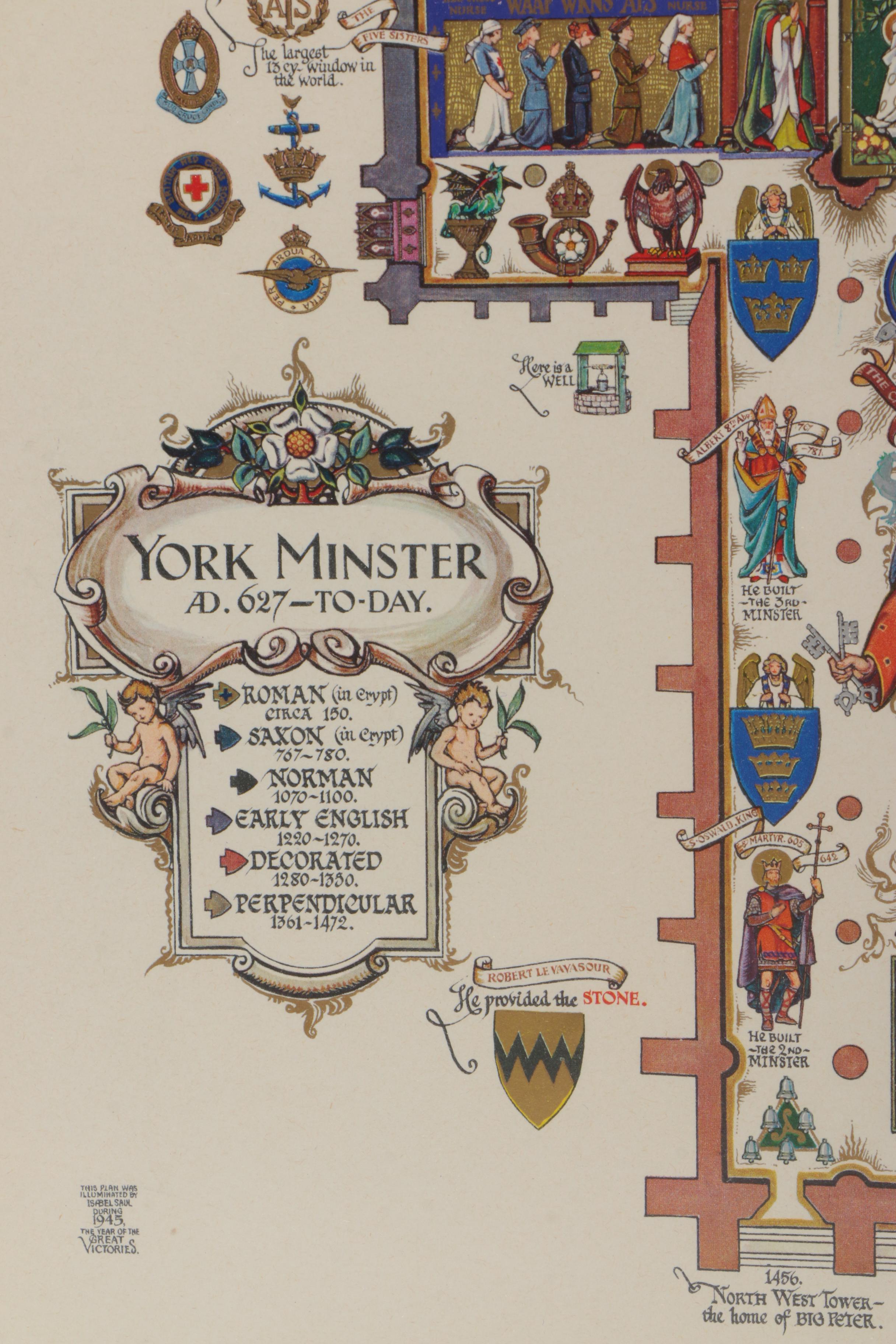 Isabel Saul Offset Lithograph on Paper "York Minster AD. 627 - Today"