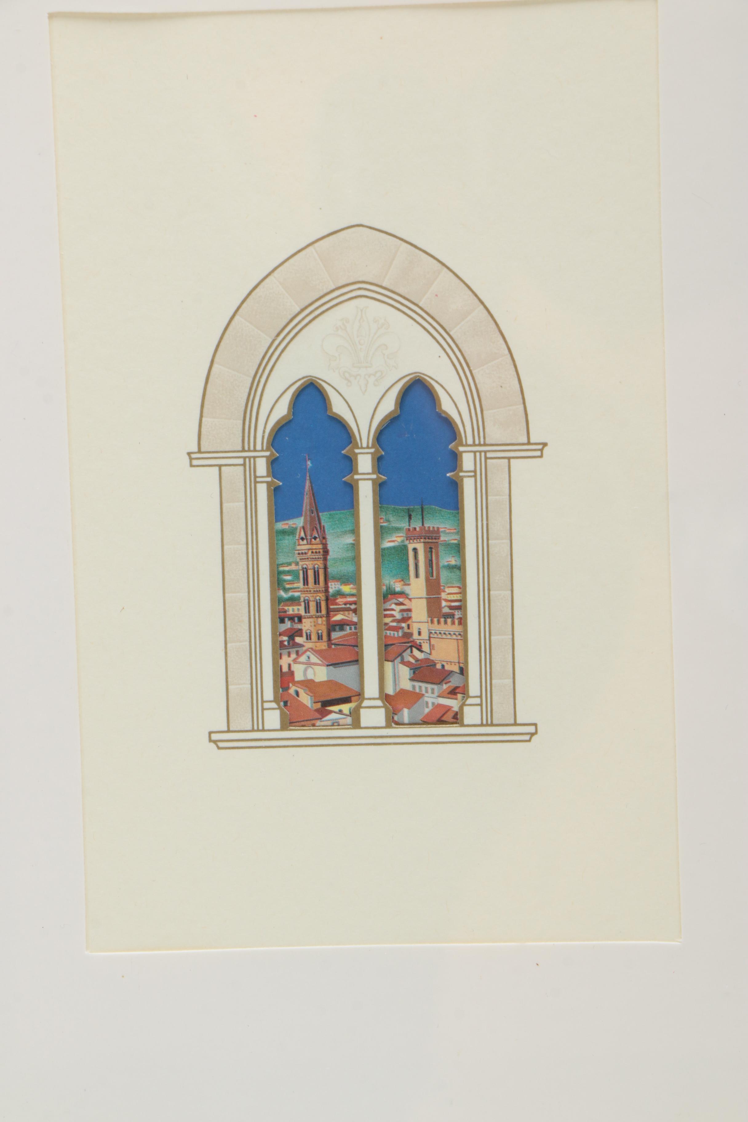 Offset Lithographs of Italian Towers Through Window Frames