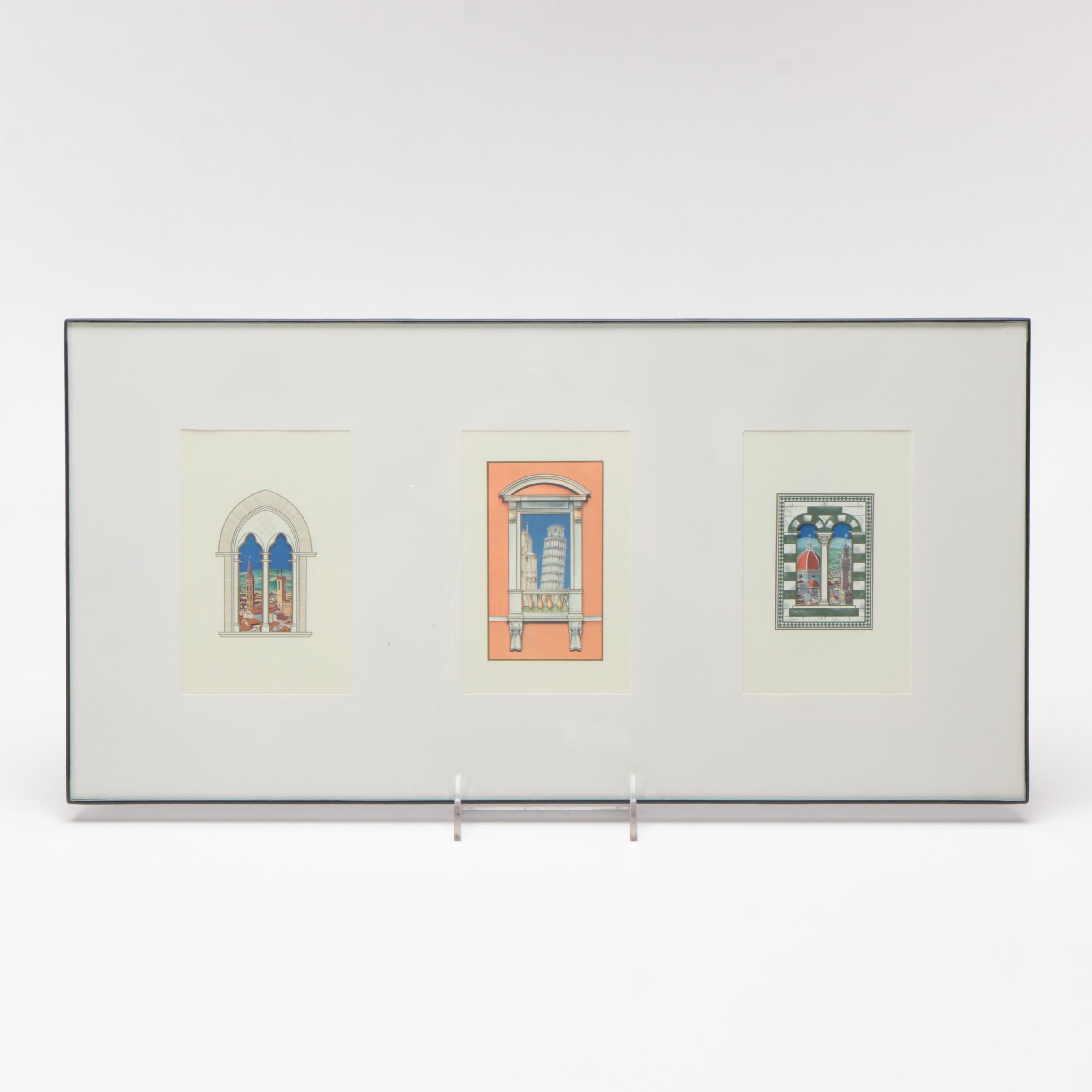 Offset Lithographs of Italian Towers Through Window Frames