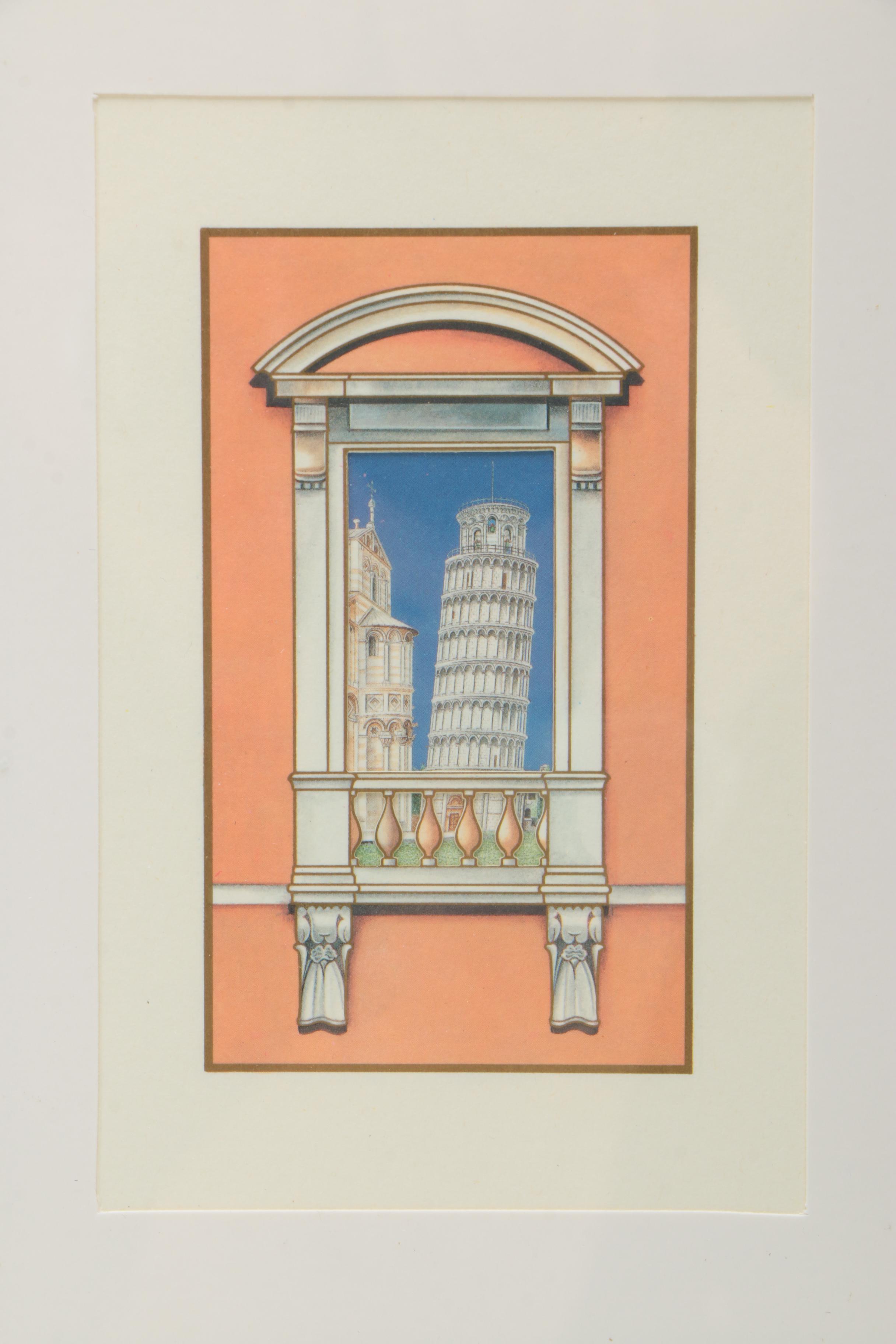 Offset Lithographs of Italian Towers Through Window Frames