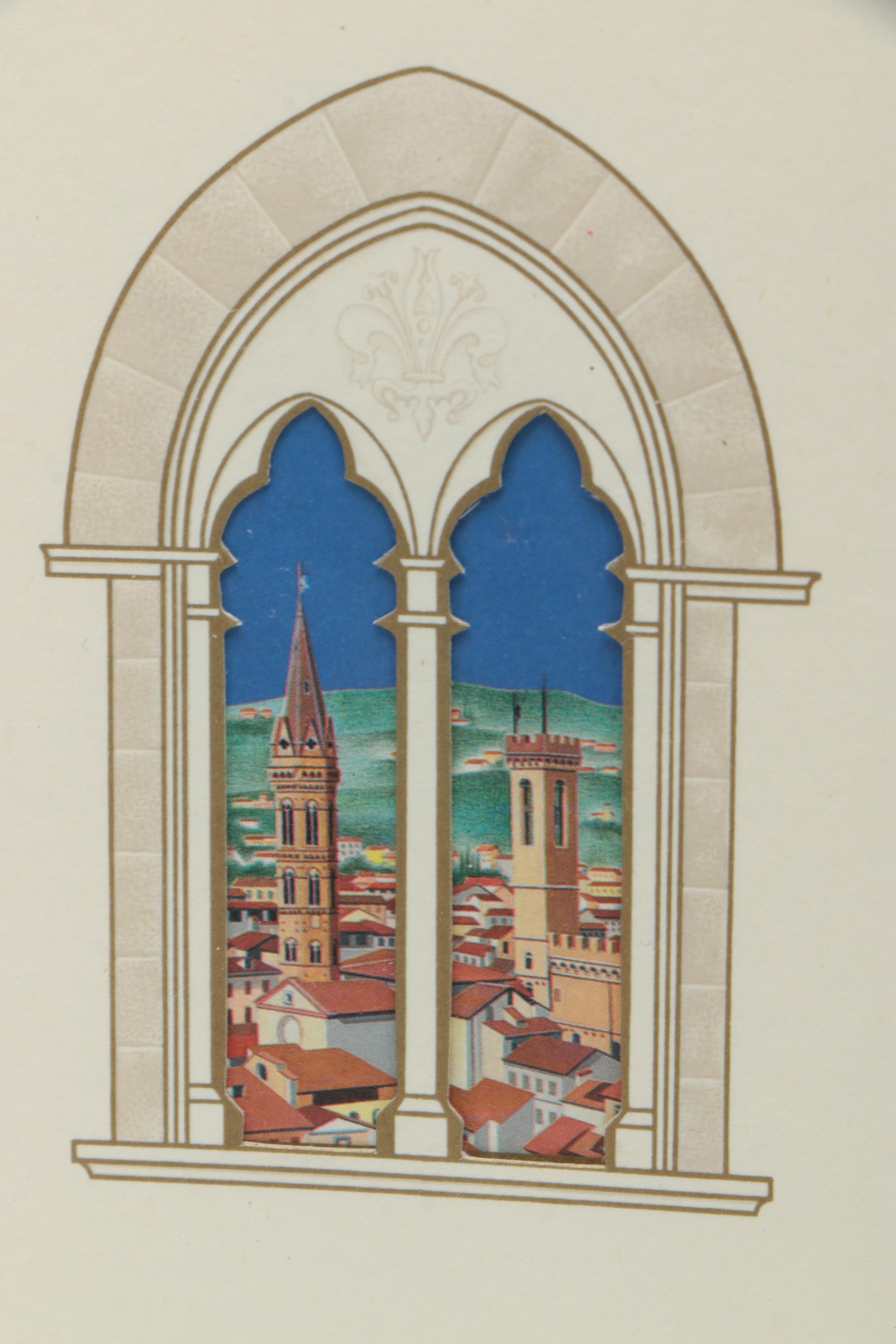 Offset Lithographs of Italian Towers Through Window Frames