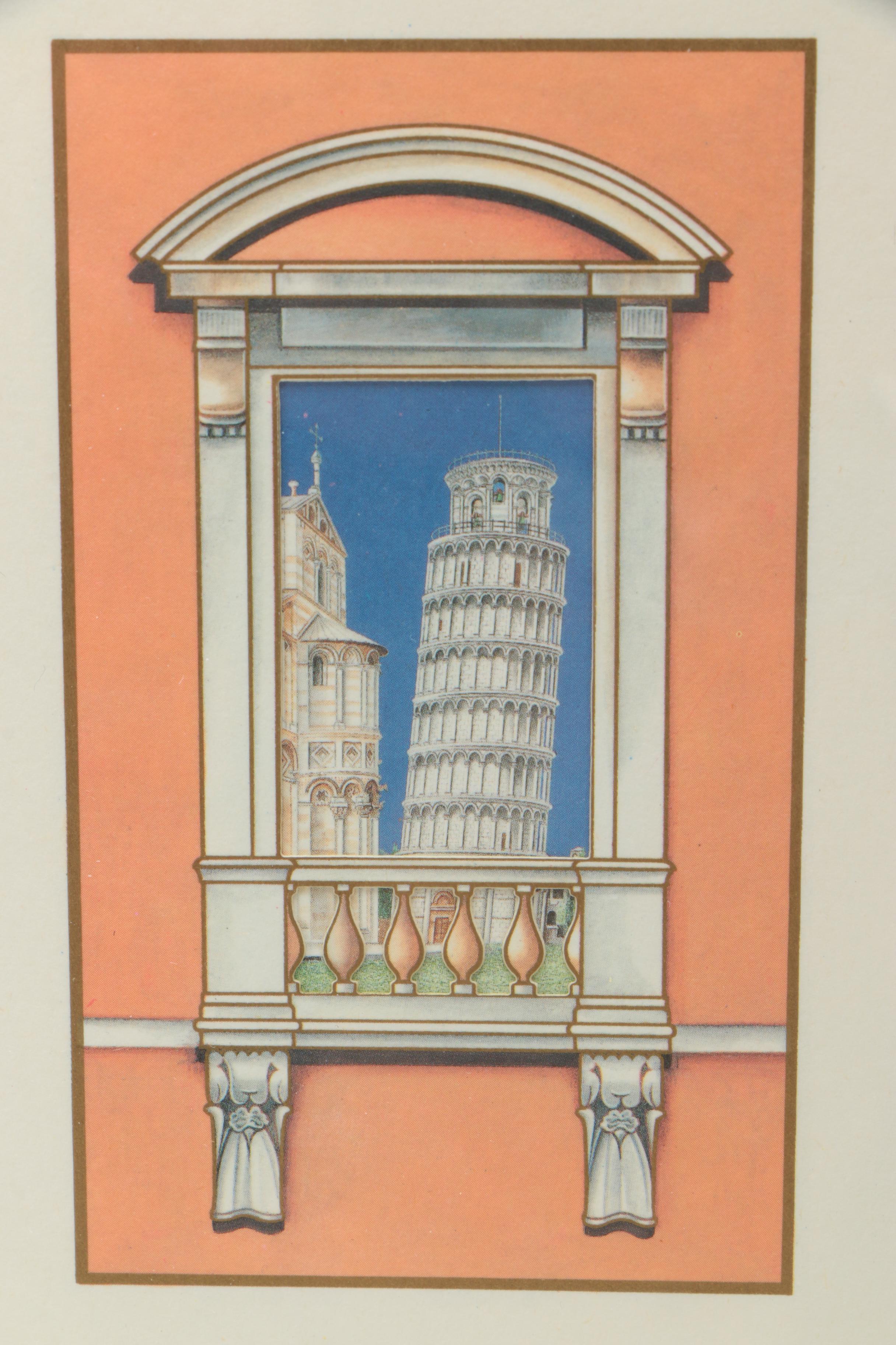 Offset Lithographs of Italian Towers Through Window Frames