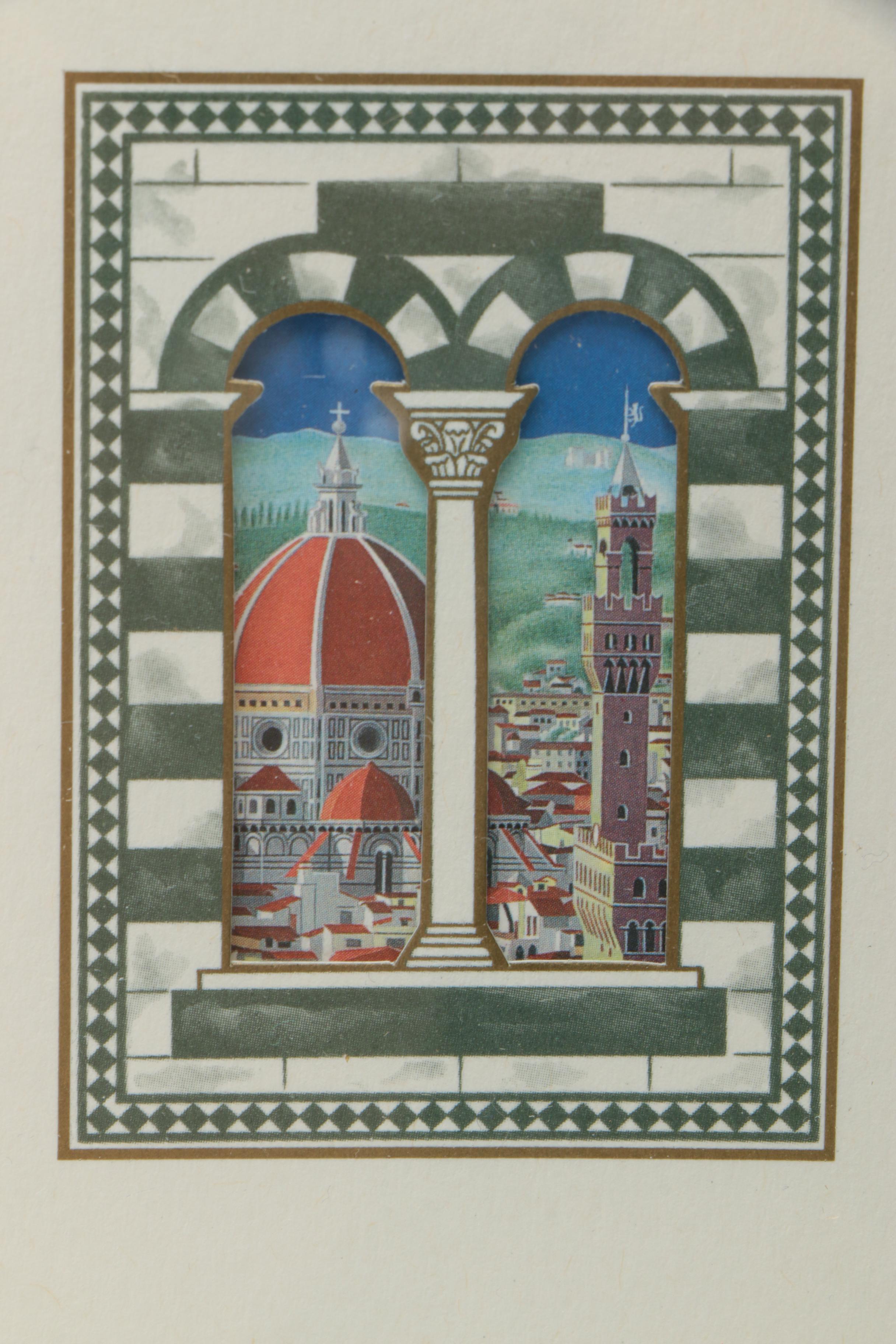 Offset Lithographs of Italian Towers Through Window Frames