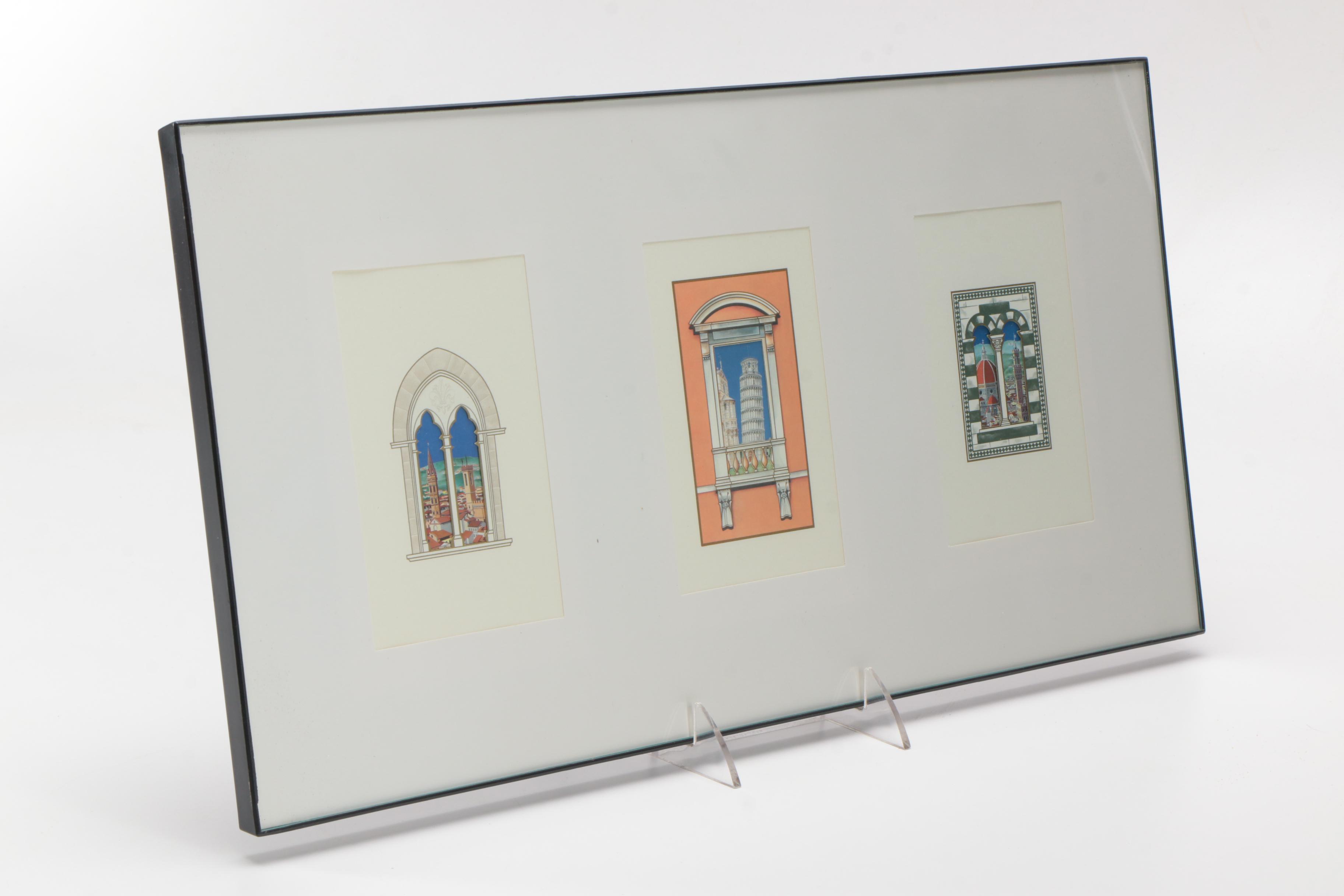 Offset Lithographs of Italian Towers Through Window Frames