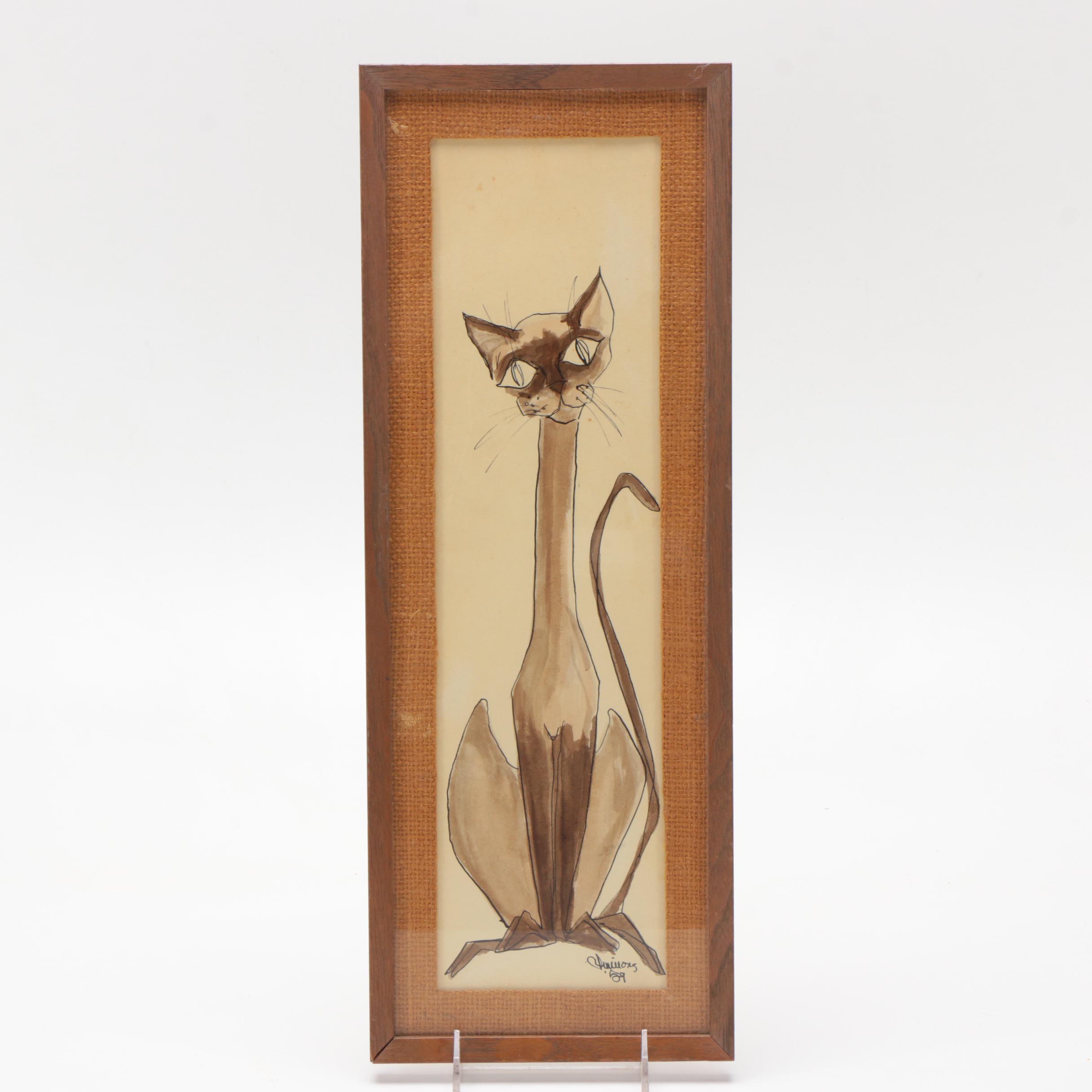 Mixed Media Drawing on Paper of Cat