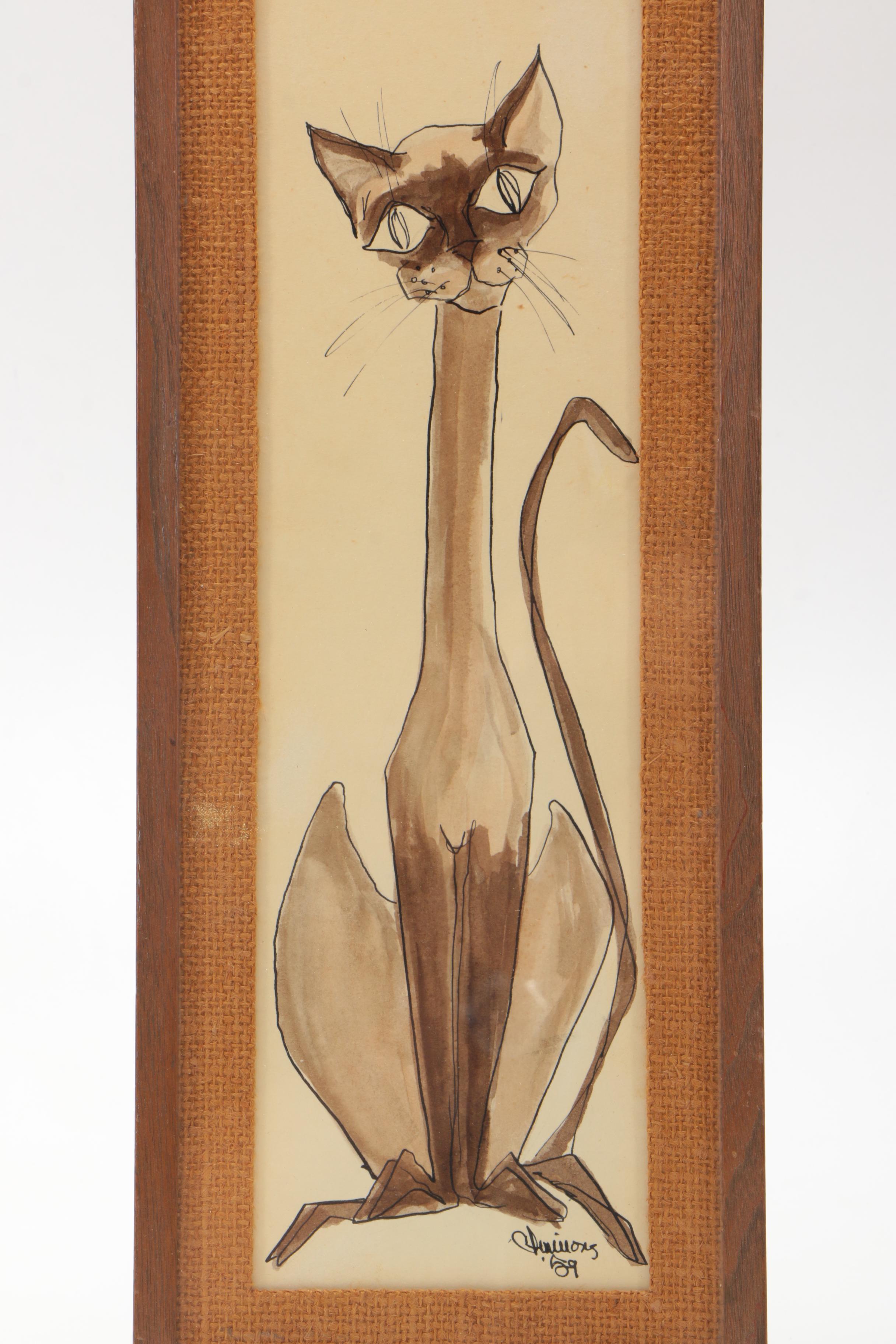 Mixed Media Drawing on Paper of Cat