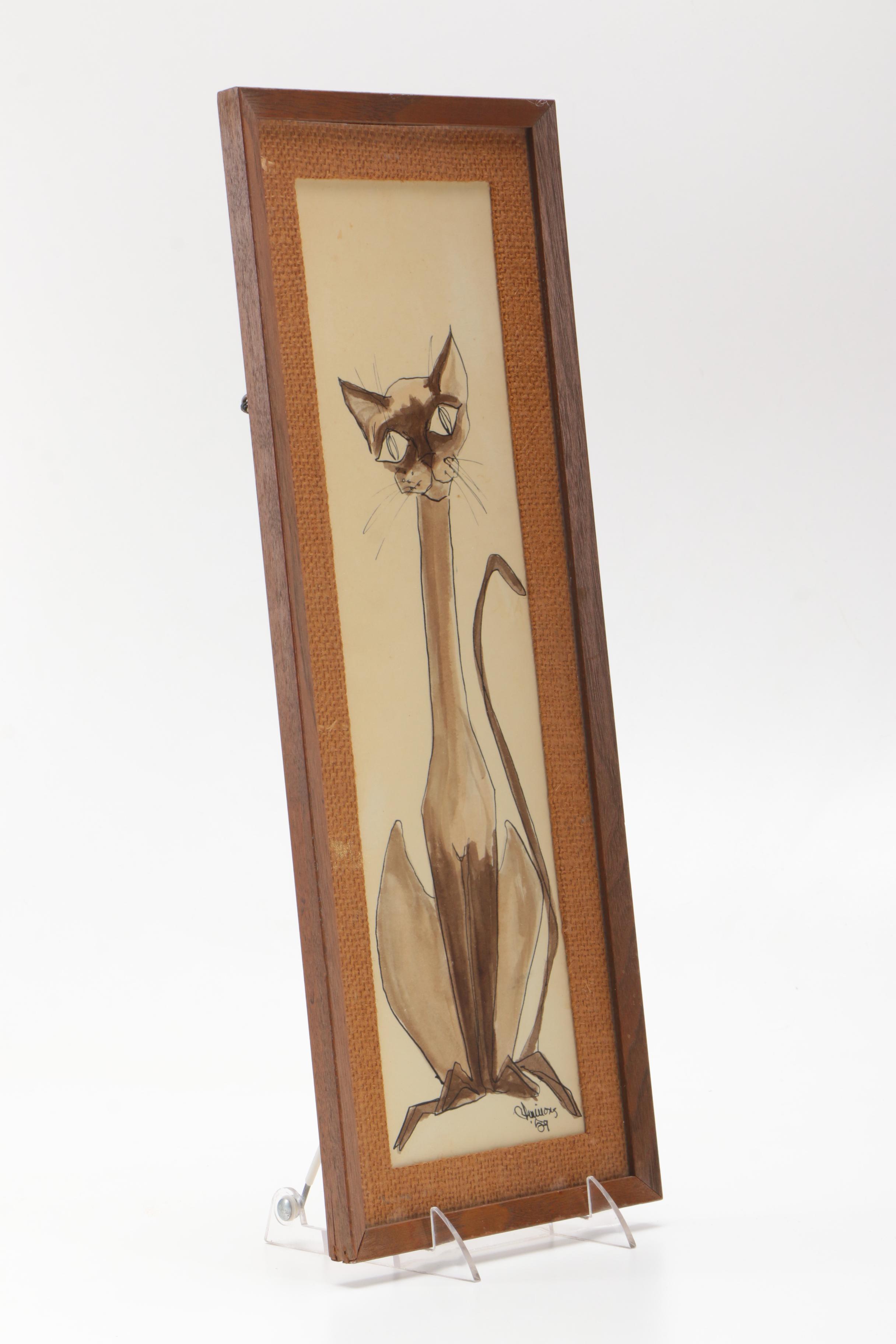 Mixed Media Drawing on Paper of Cat