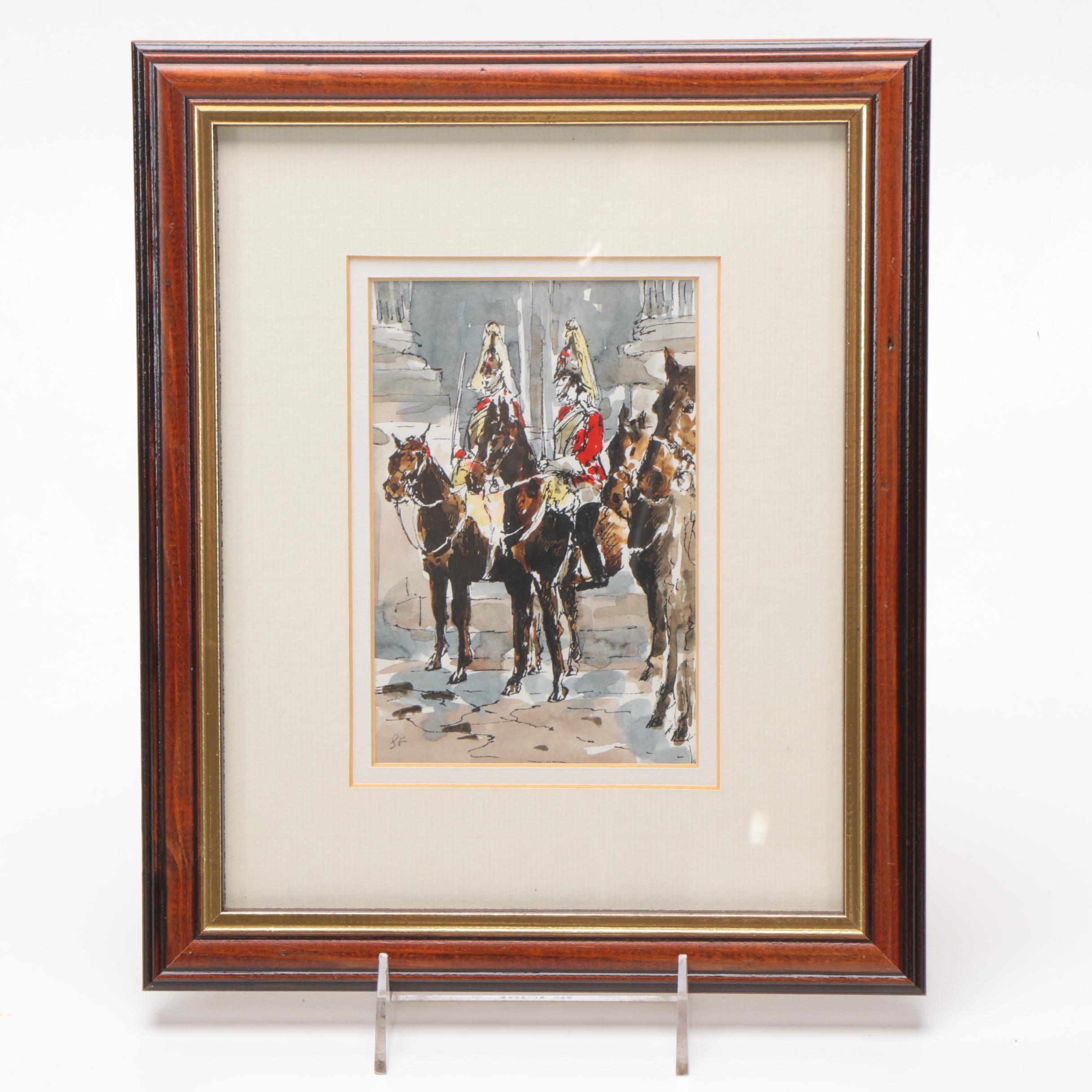 Watercolor on Paper of Royal Guards on Horseback
