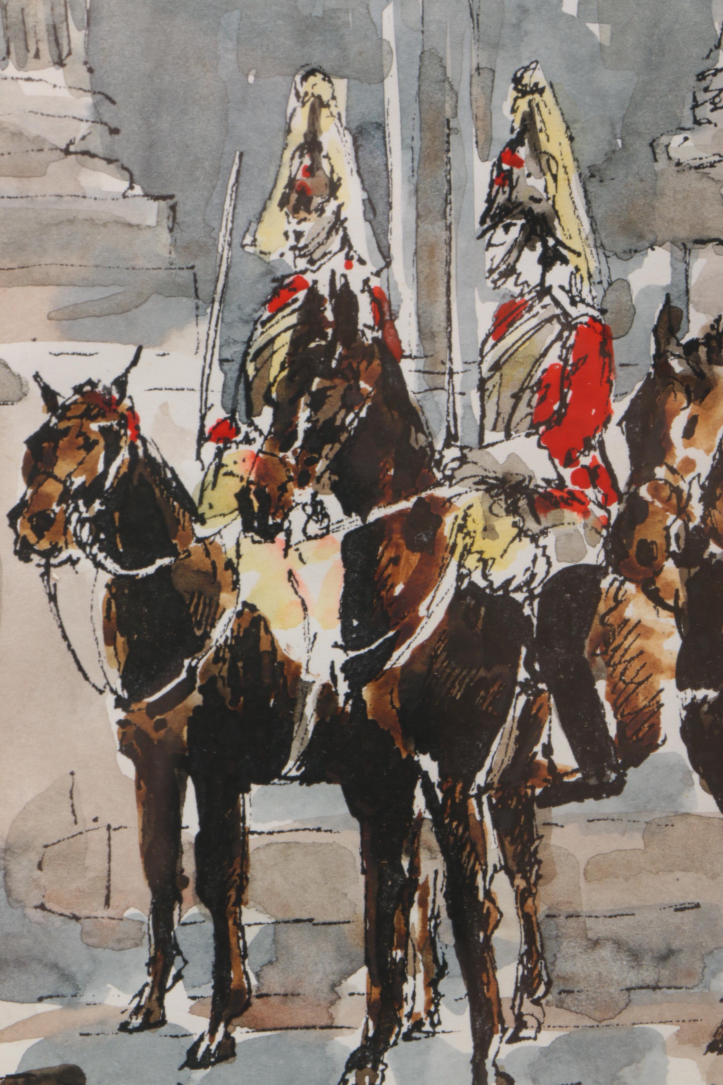 Watercolor on Paper of Royal Guards on Horseback