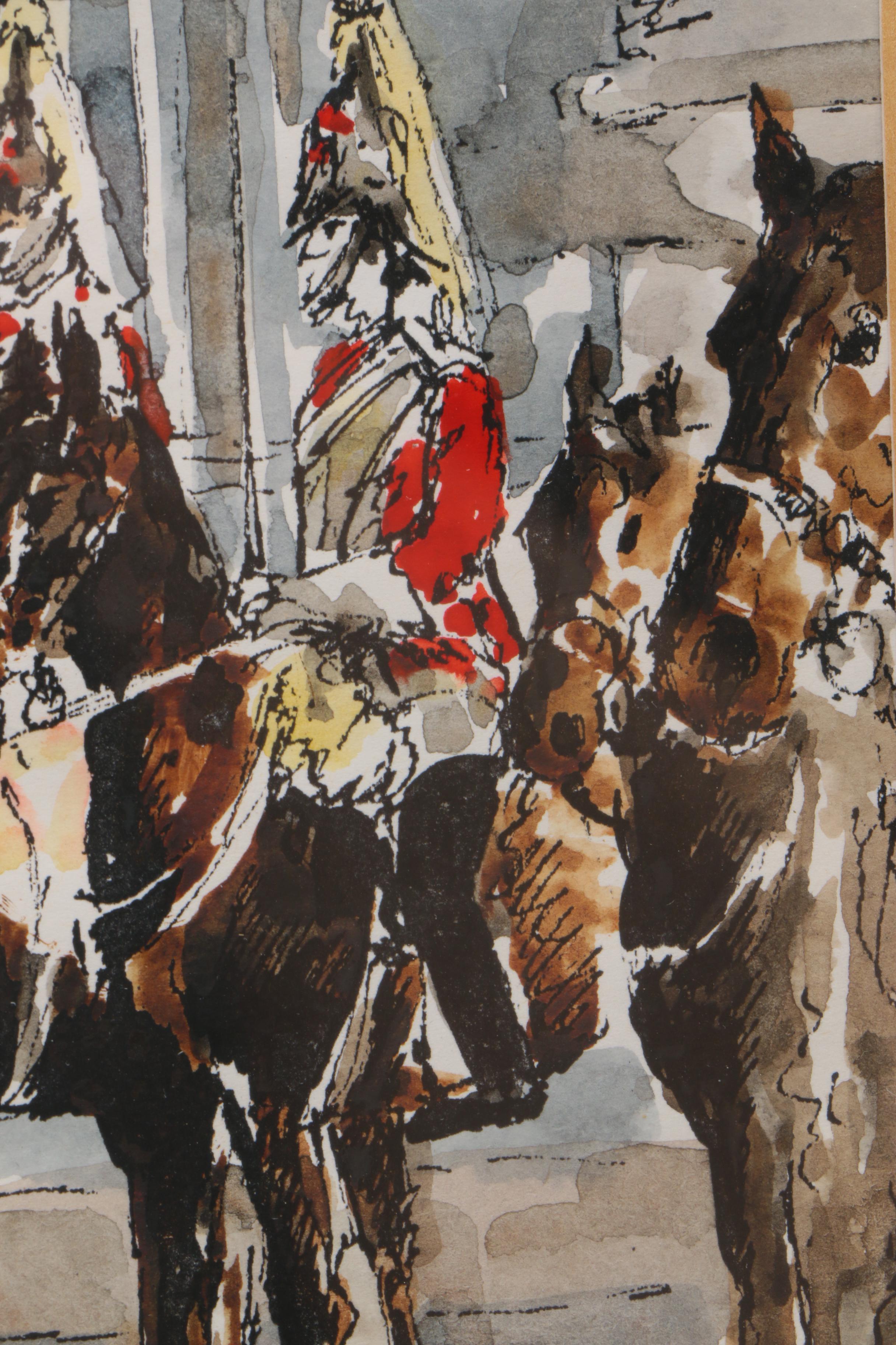 Watercolor on Paper of Royal Guards on Horseback