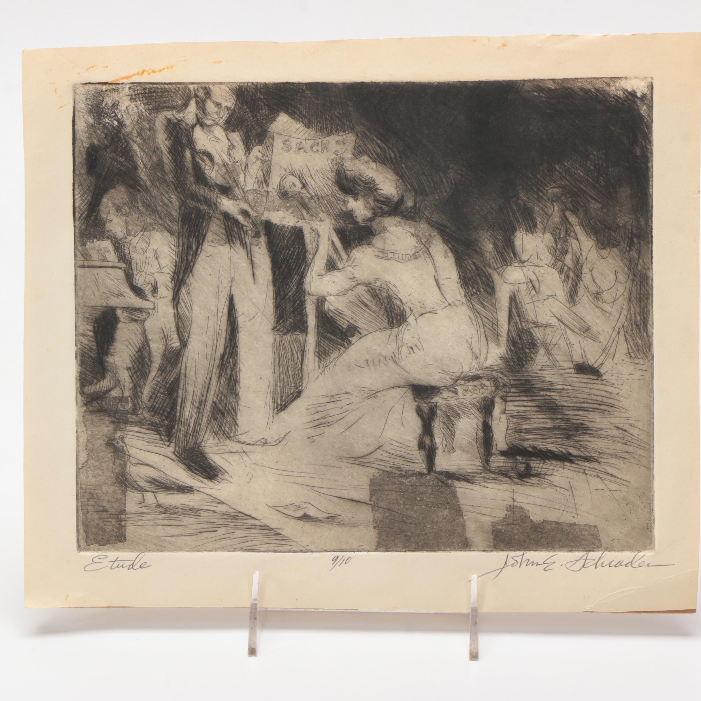 John E. Schroder Limited Edition Drypoint Etching on Paper "Etude"
