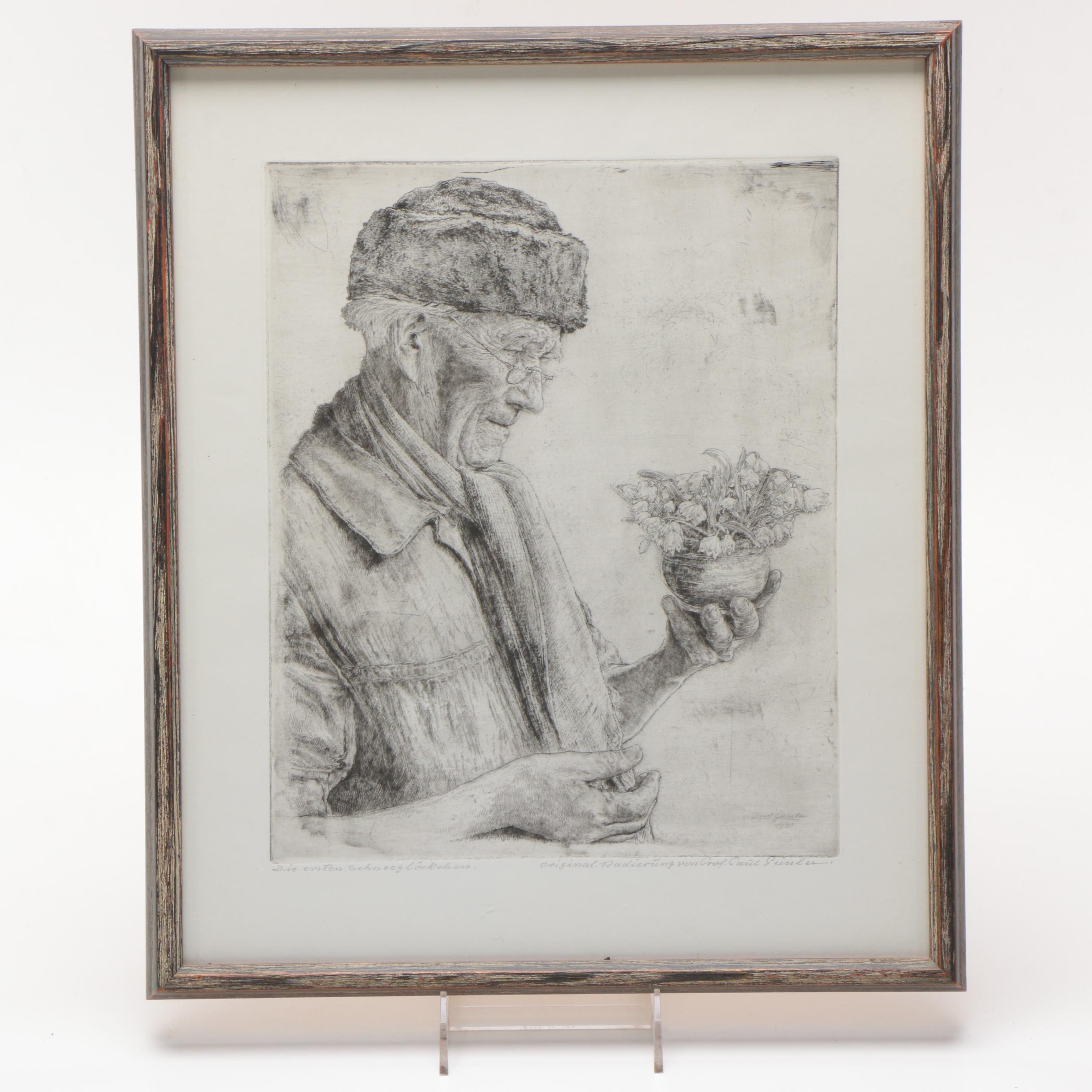 Paul Geissler Etching on Paper of Man With Flowerpot