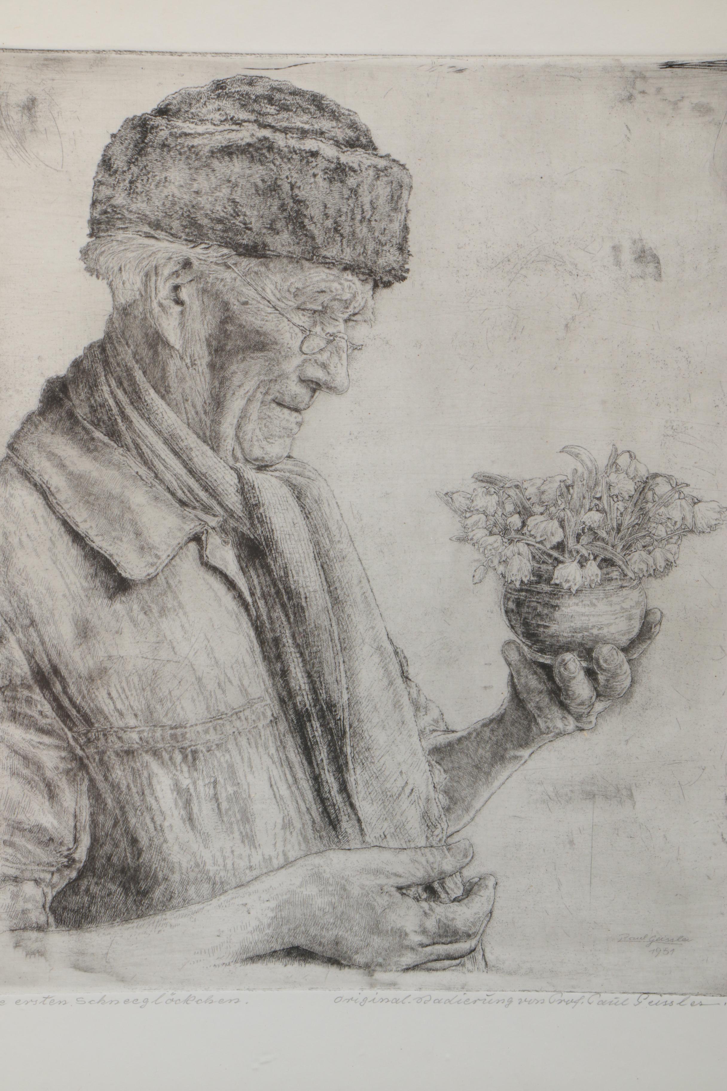Paul Geissler Etching on Paper of Man With Flowerpot