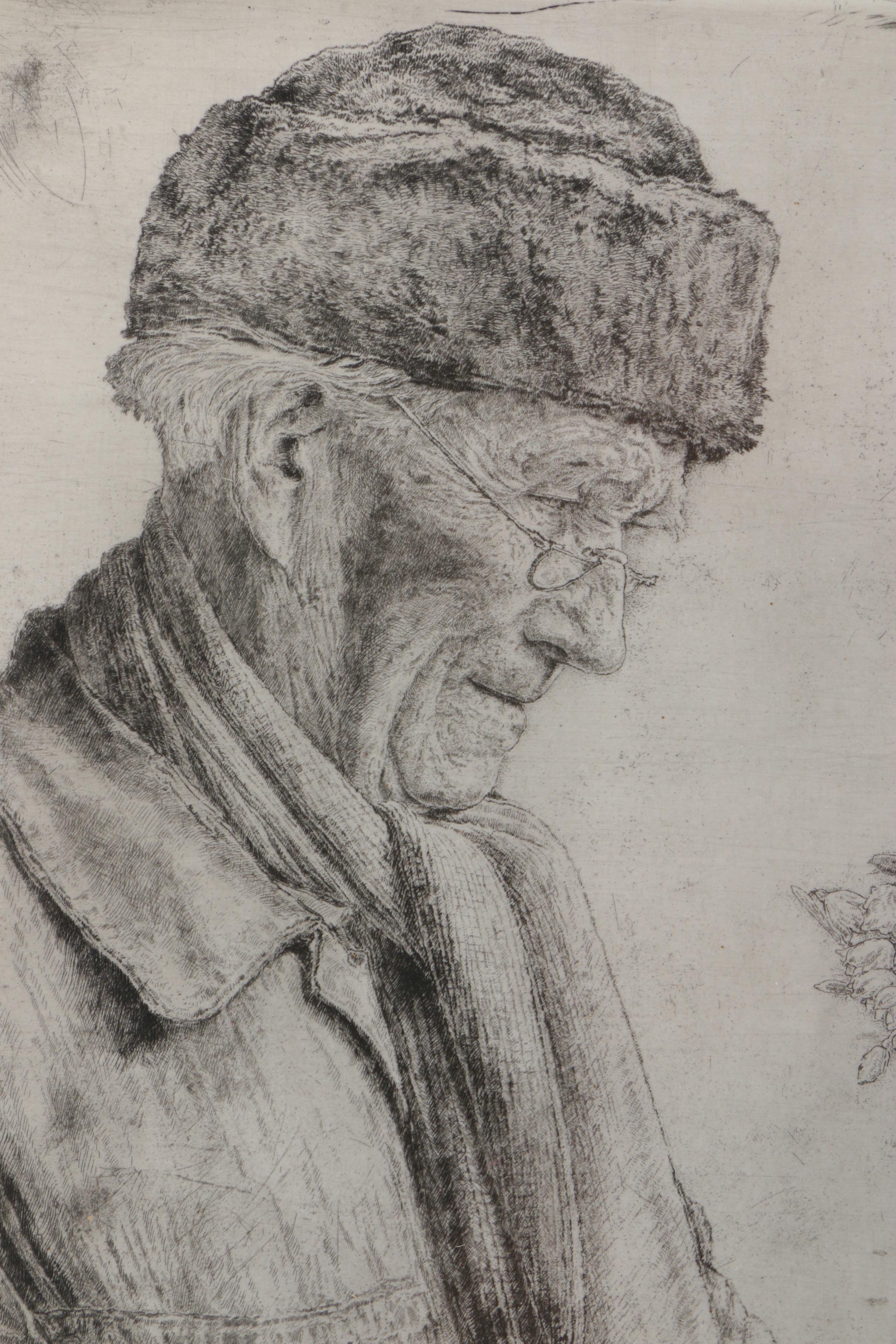 Paul Geissler Etching on Paper of Man With Flowerpot