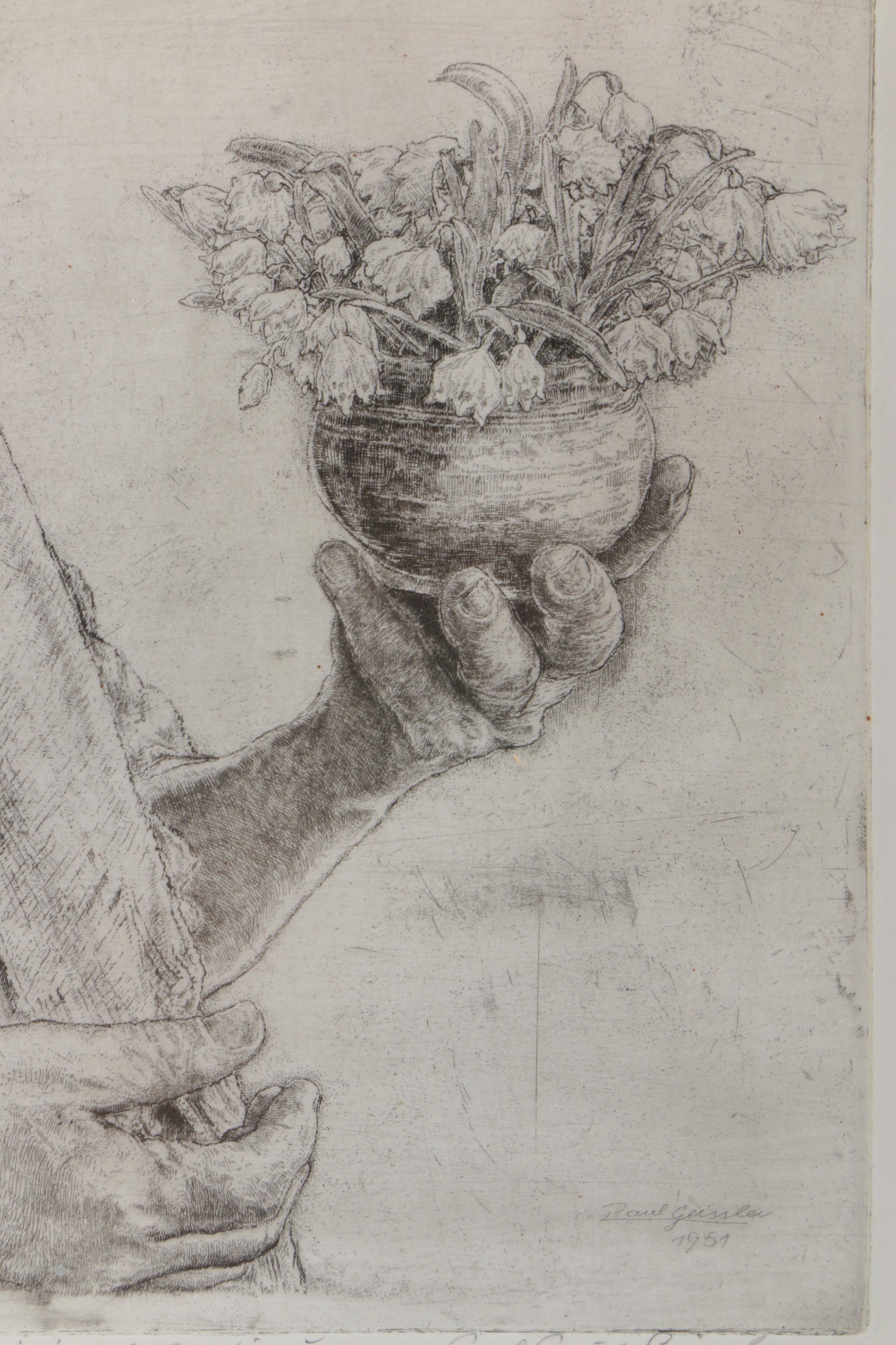 Paul Geissler Etching on Paper of Man With Flowerpot