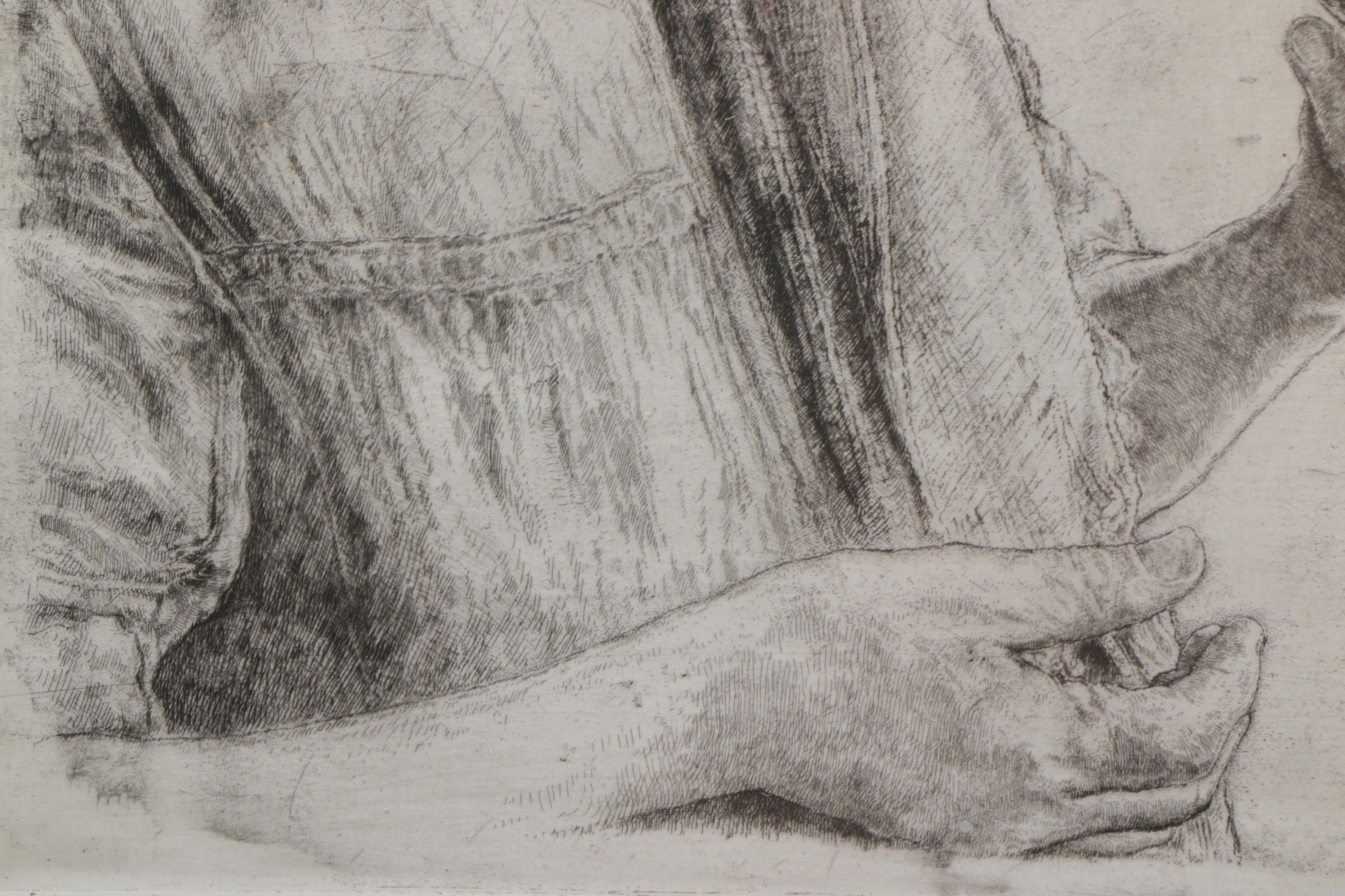 Paul Geissler Etching on Paper of Man With Flowerpot