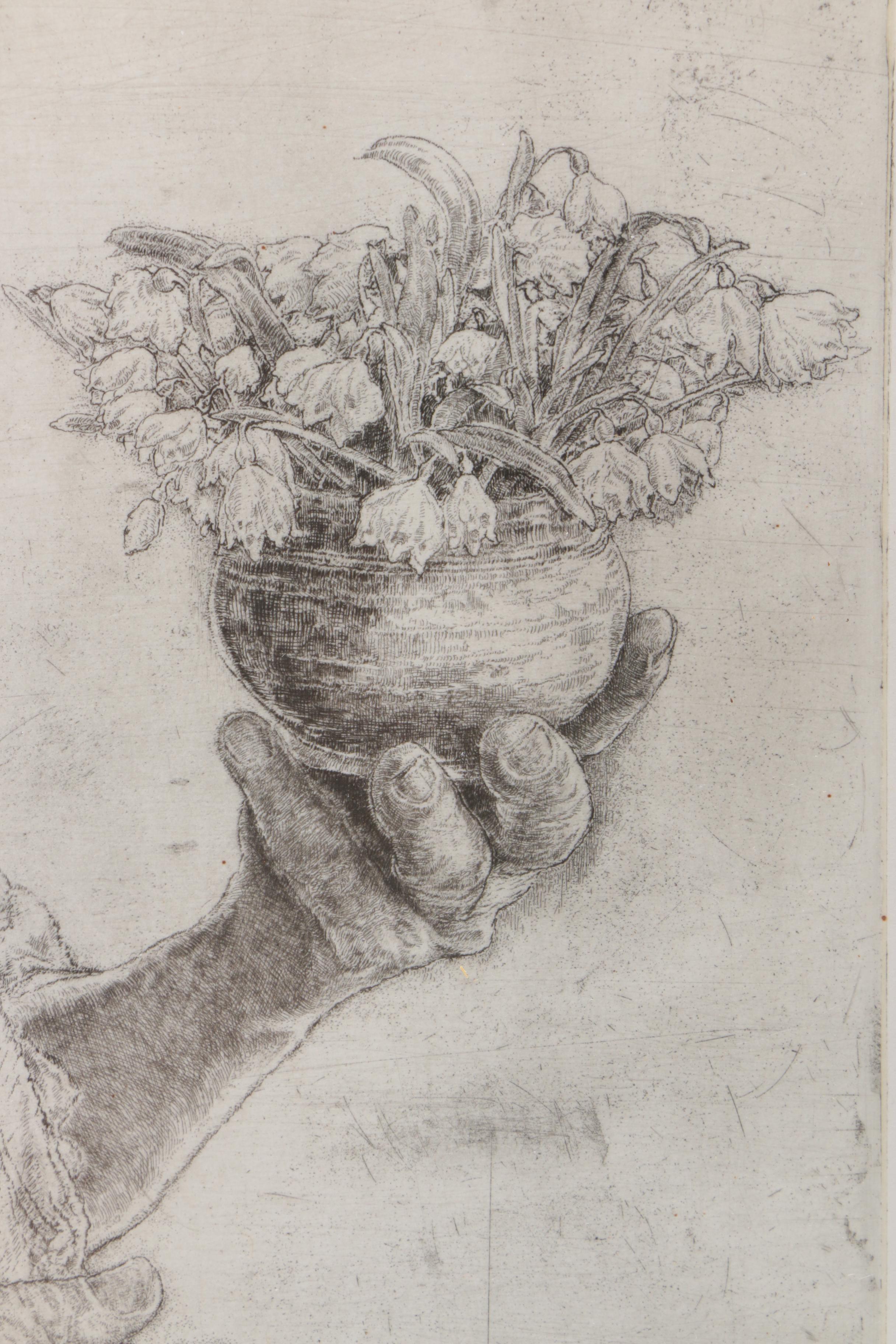 Paul Geissler Etching on Paper of Man With Flowerpot