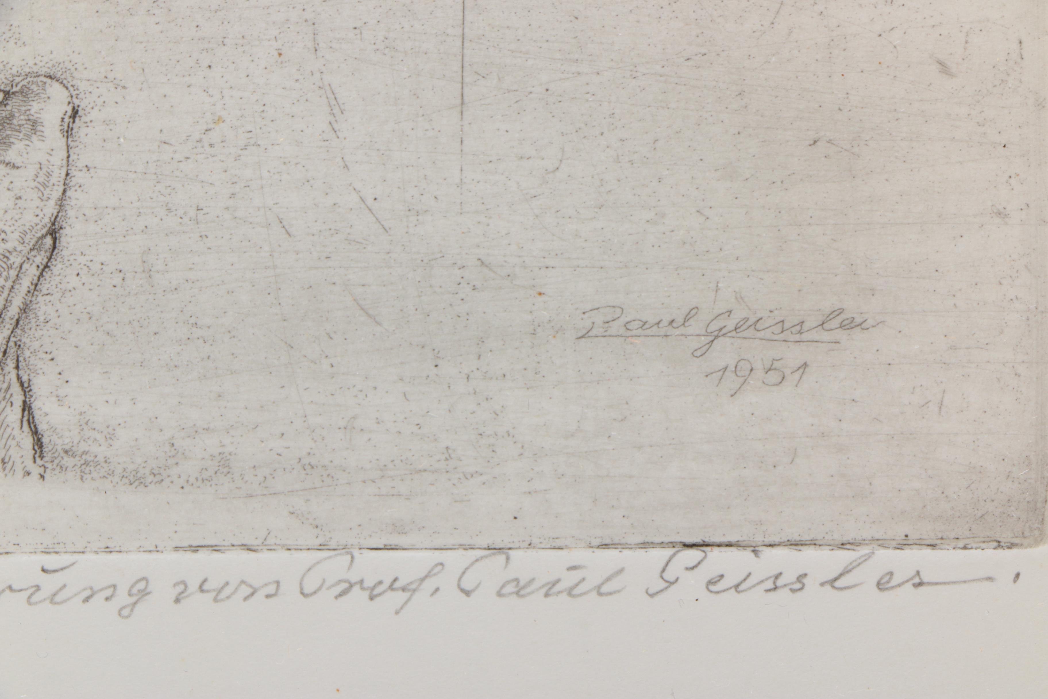 Paul Geissler Etching on Paper of Man With Flowerpot