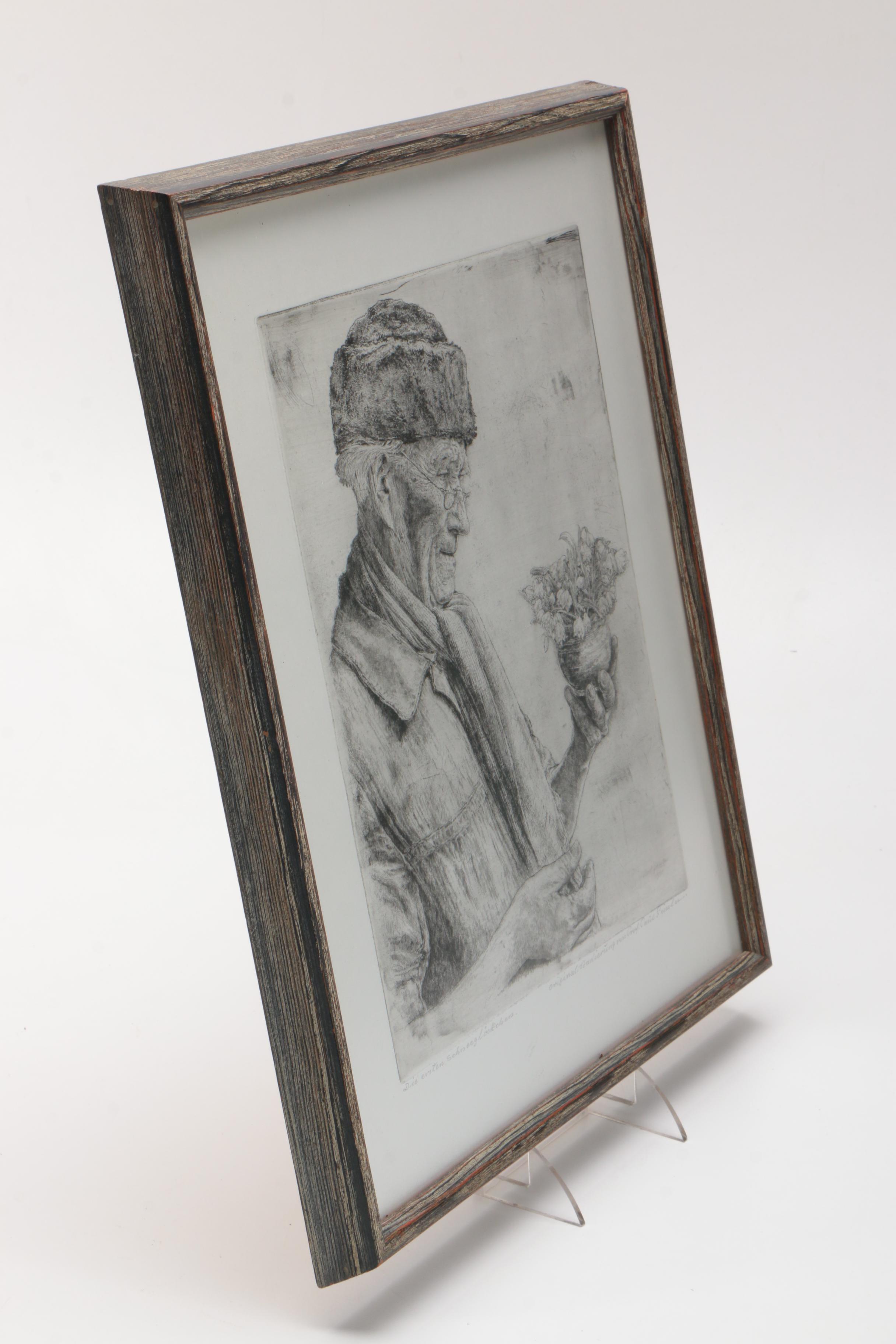 Paul Geissler Etching on Paper of Man With Flowerpot