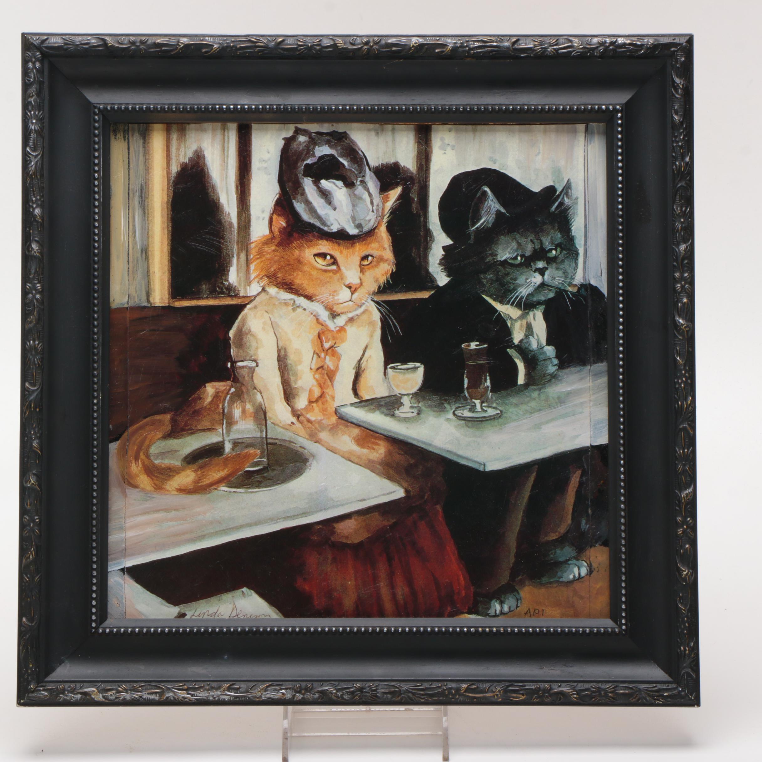 Linda Denison Offset Lithograph On Masonite of Cats Inspired by Edgar Degas' "Absinthe Drinker"