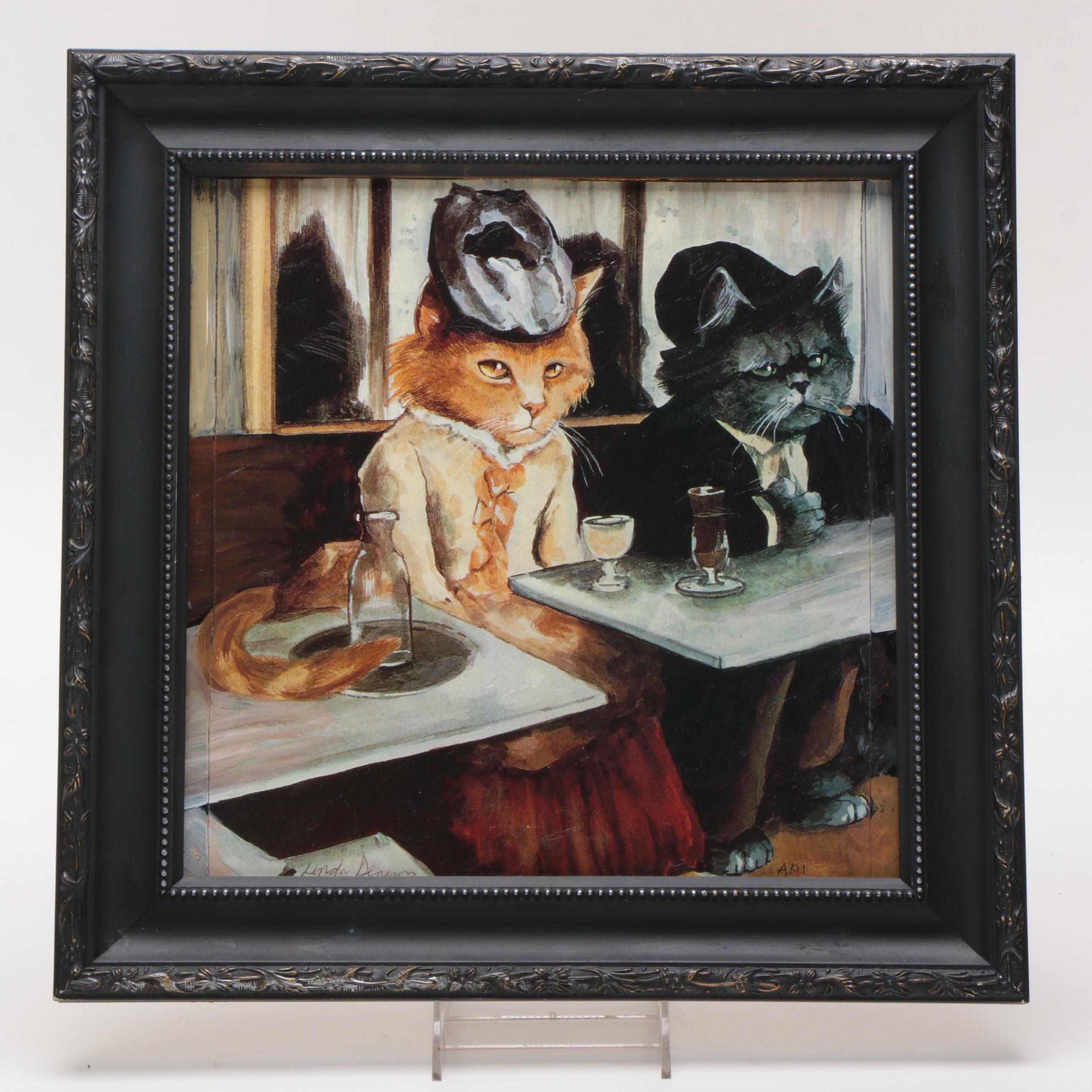 Linda Denison Offset Lithograph On Masonite of Cats Inspired by Edgar Degas' "Absinthe Drinker"