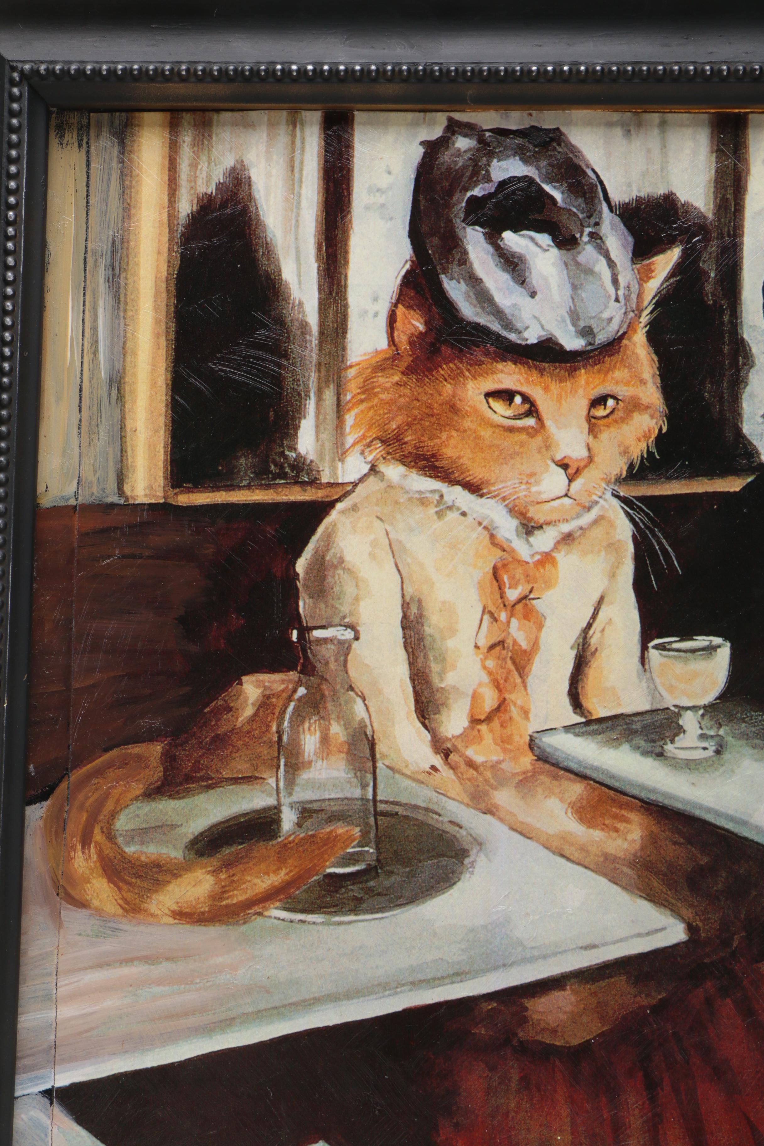 Linda Denison Offset Lithograph On Masonite of Cats Inspired by Edgar Degas' "Absinthe Drinker"