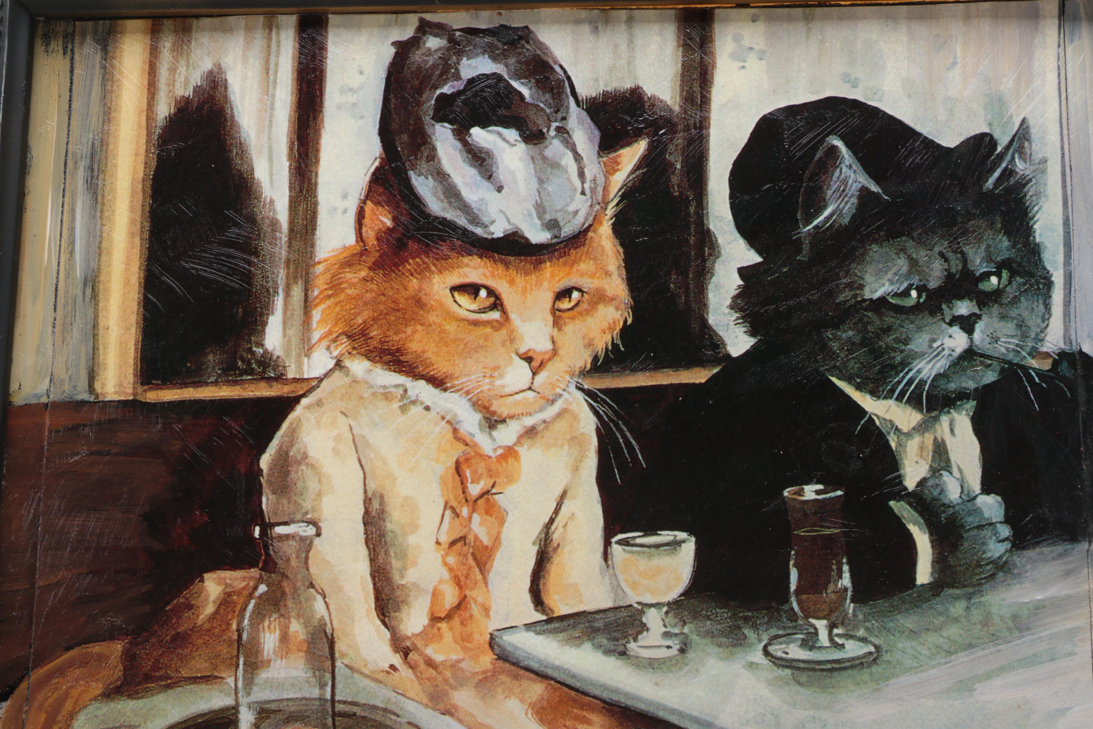 Linda Denison Offset Lithograph On Masonite of Cats Inspired by Edgar Degas' "Absinthe Drinker"