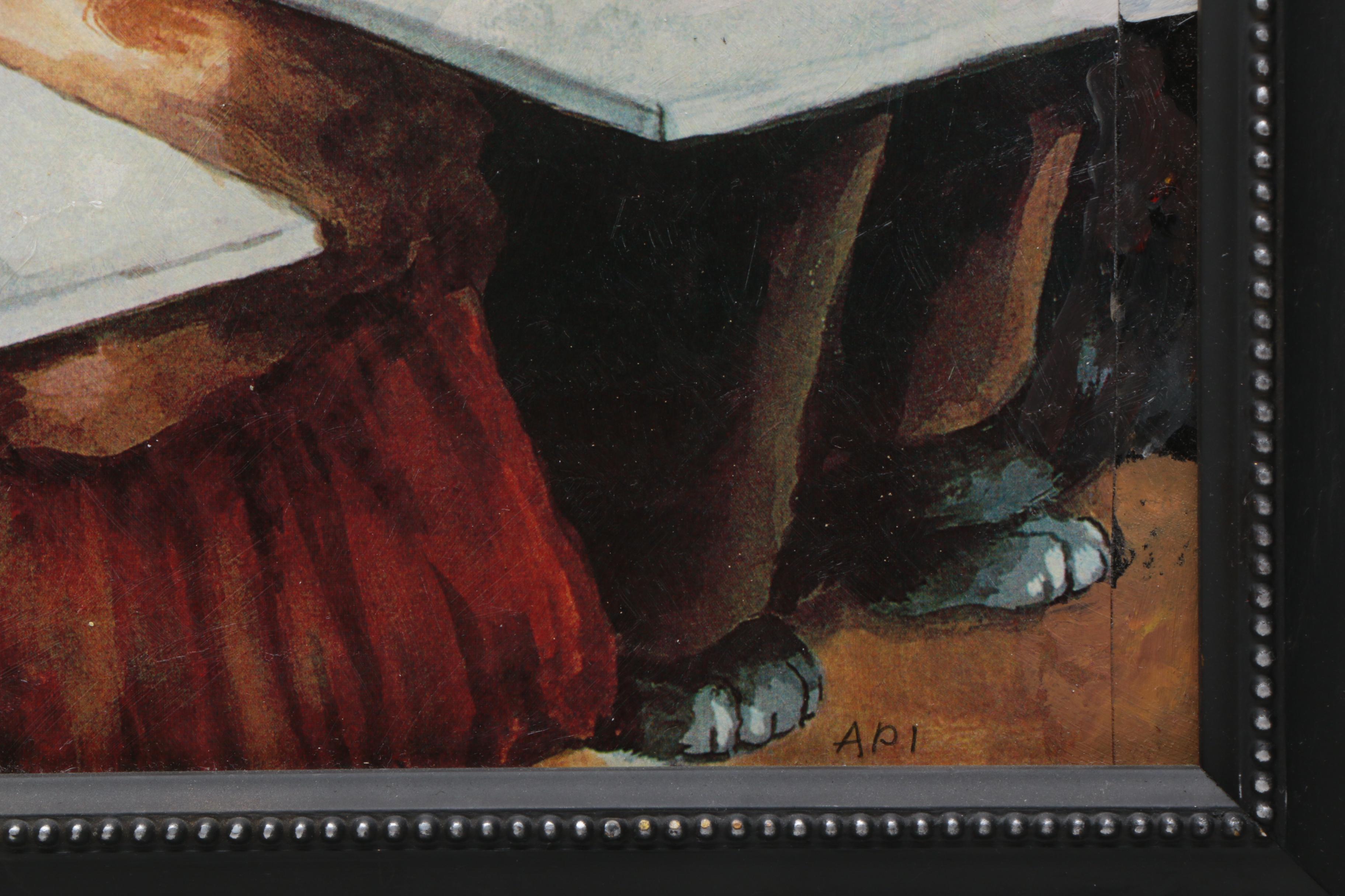 Linda Denison Offset Lithograph On Masonite of Cats Inspired by Edgar Degas' "Absinthe Drinker"