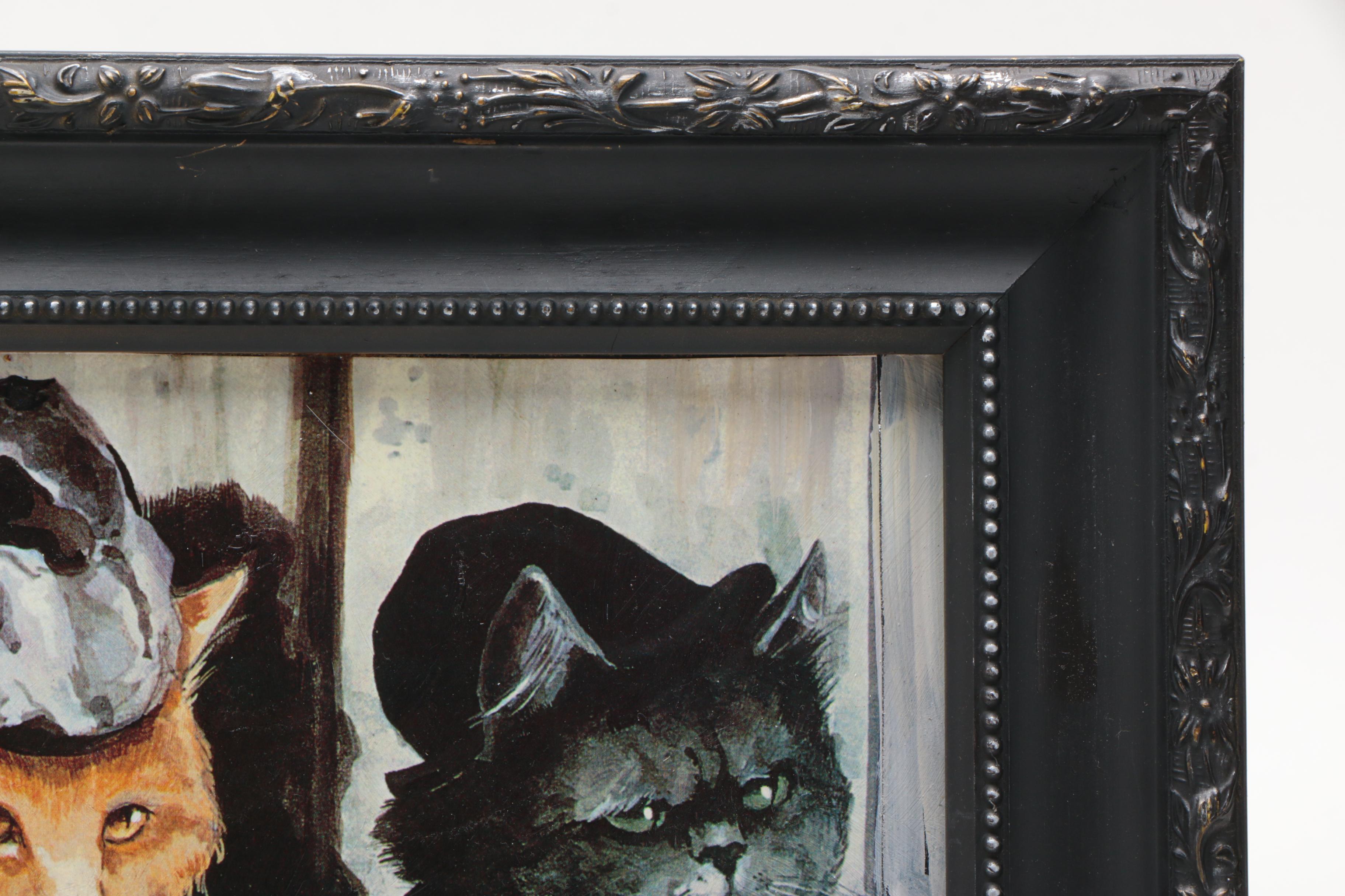 Linda Denison Offset Lithograph On Masonite of Cats Inspired by Edgar Degas' "Absinthe Drinker"