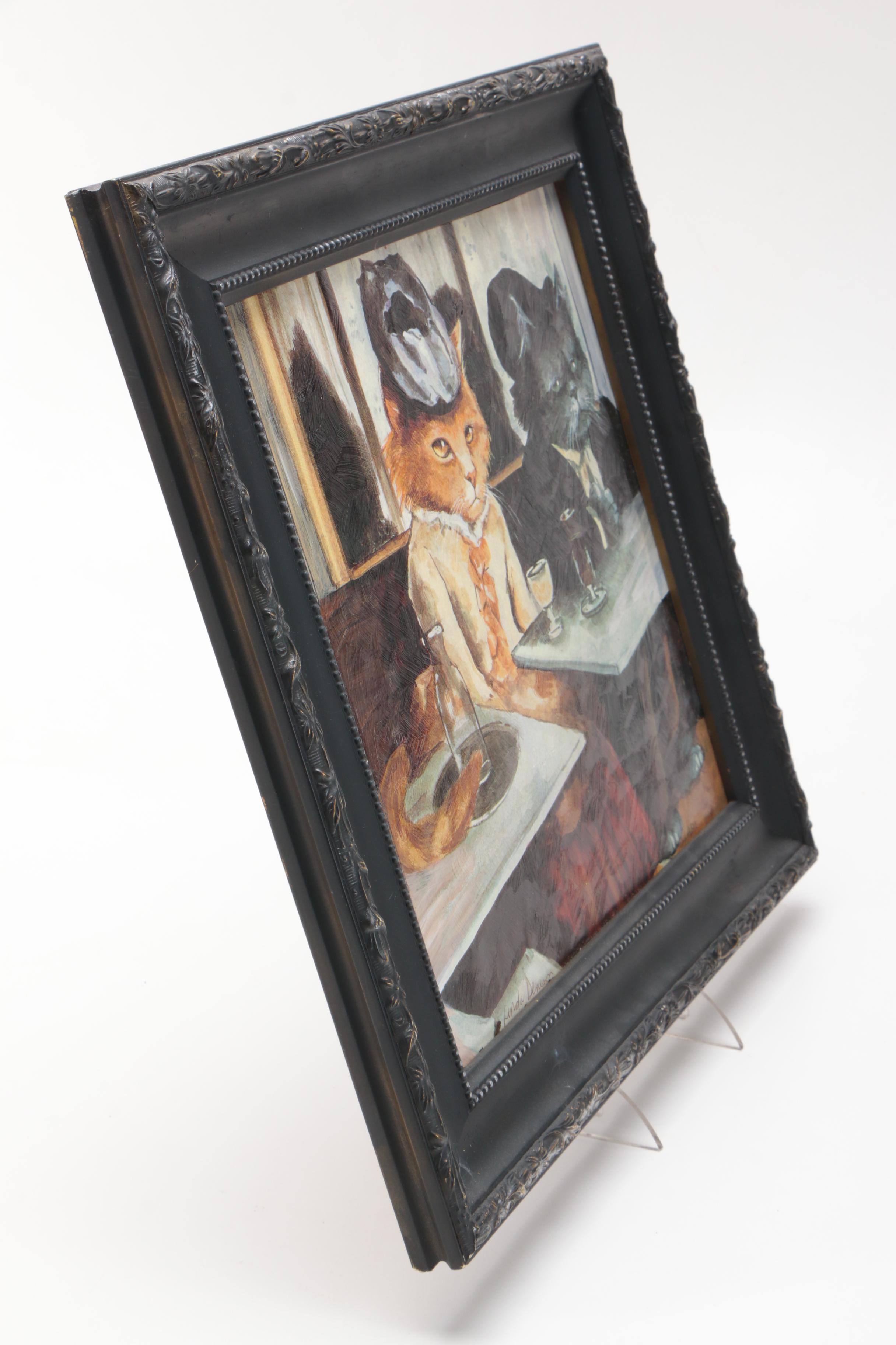 Linda Denison Offset Lithograph On Masonite of Cats Inspired by Edgar Degas' "Absinthe Drinker"