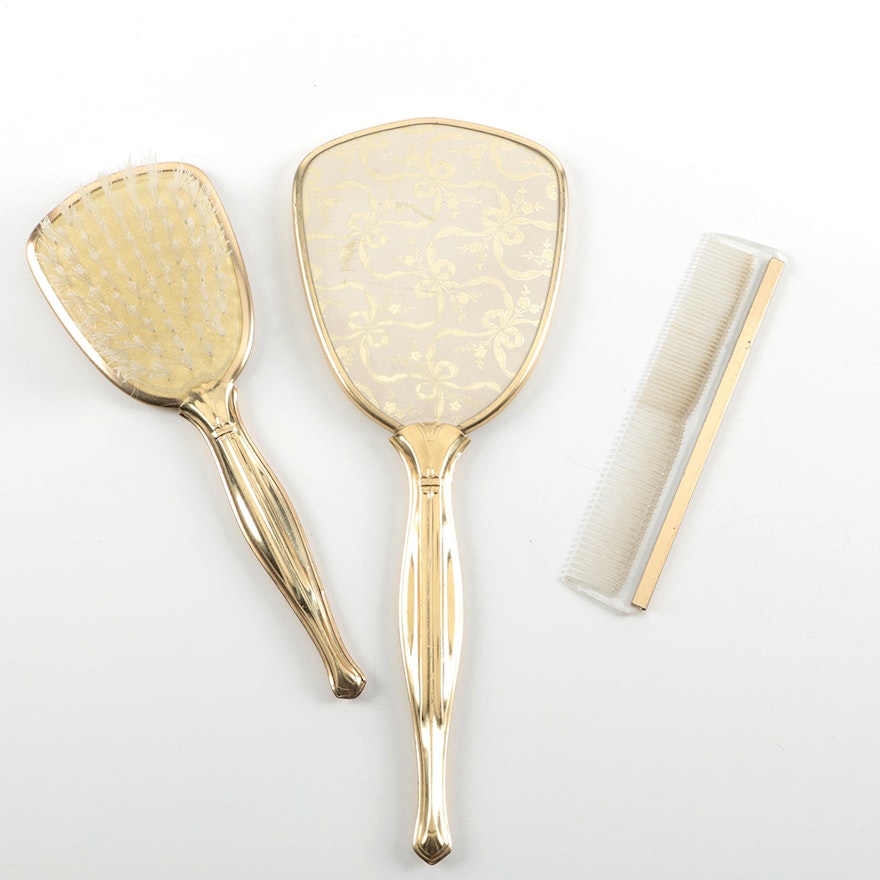 Vintage Gold Tone Mirror, Brush and Comb