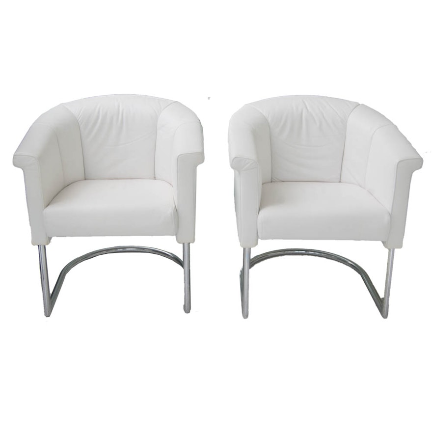 Two Modern White Leather Armchairs with Silver Toned Frames