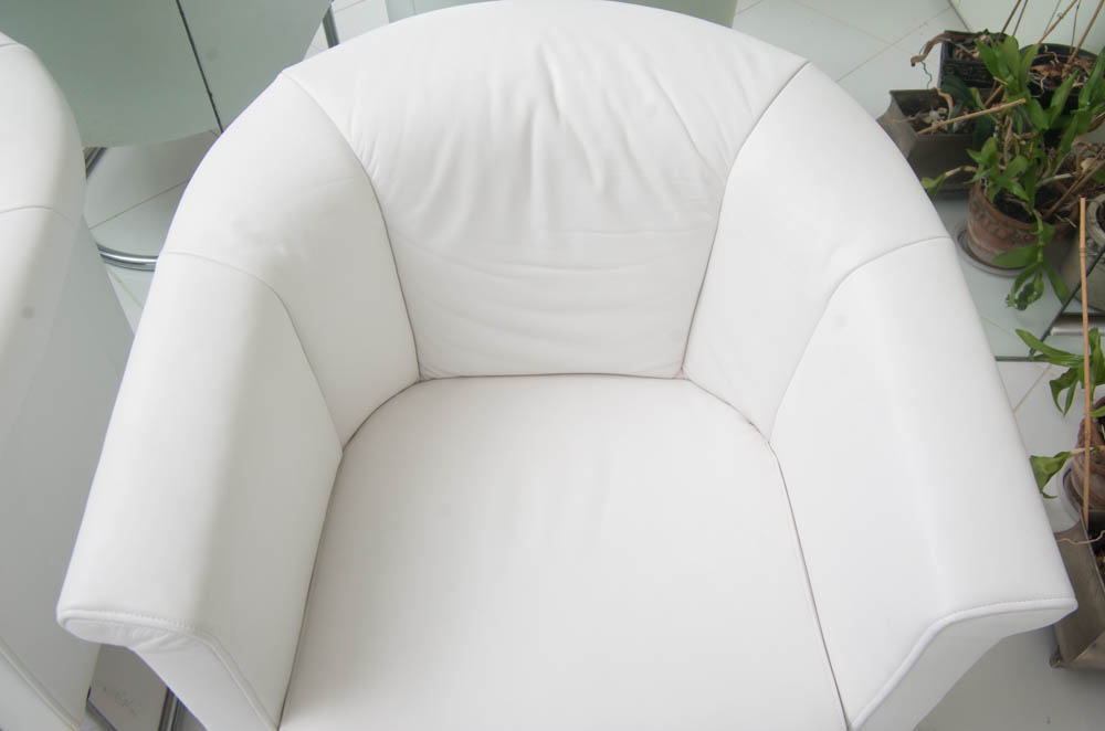 Two Modern White Leather Armchairs with Silver Toned Frames