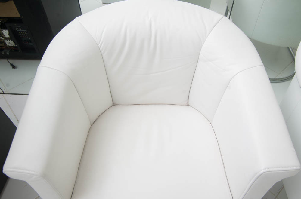 Two Modern White Leather Armchairs with Silver Toned Frames