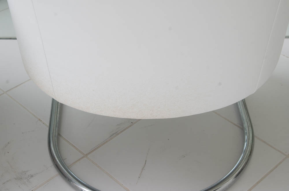 Two Modern White Leather Armchairs with Silver Toned Frames