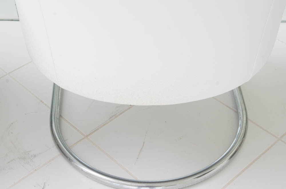 Two Modern White Leather Armchairs with Silver Toned Frames