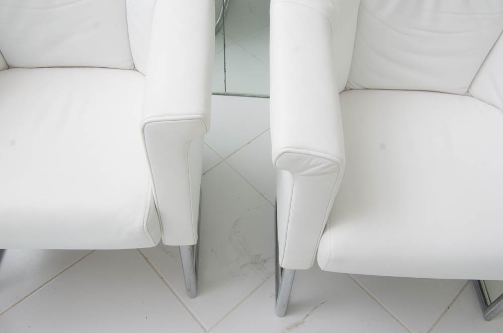 Two Modern White Leather Armchairs with Silver Toned Frames