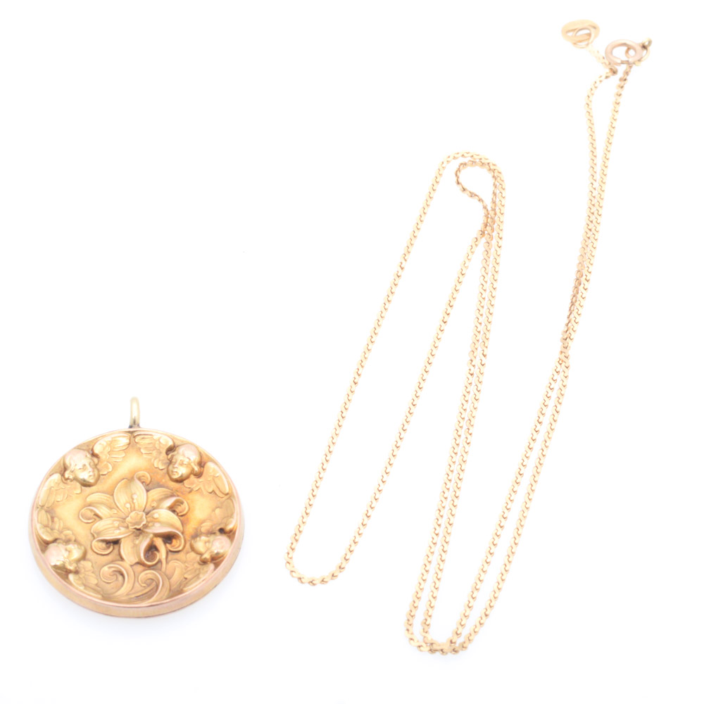 Vintage 14K Yellow Gold Repousse Pendant Necklace