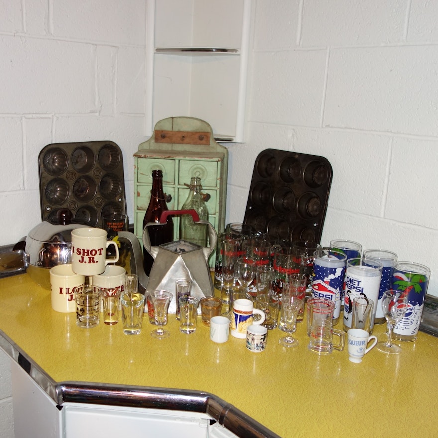 Spice Cabinet, Antique Bottles, and Other Vintage Items