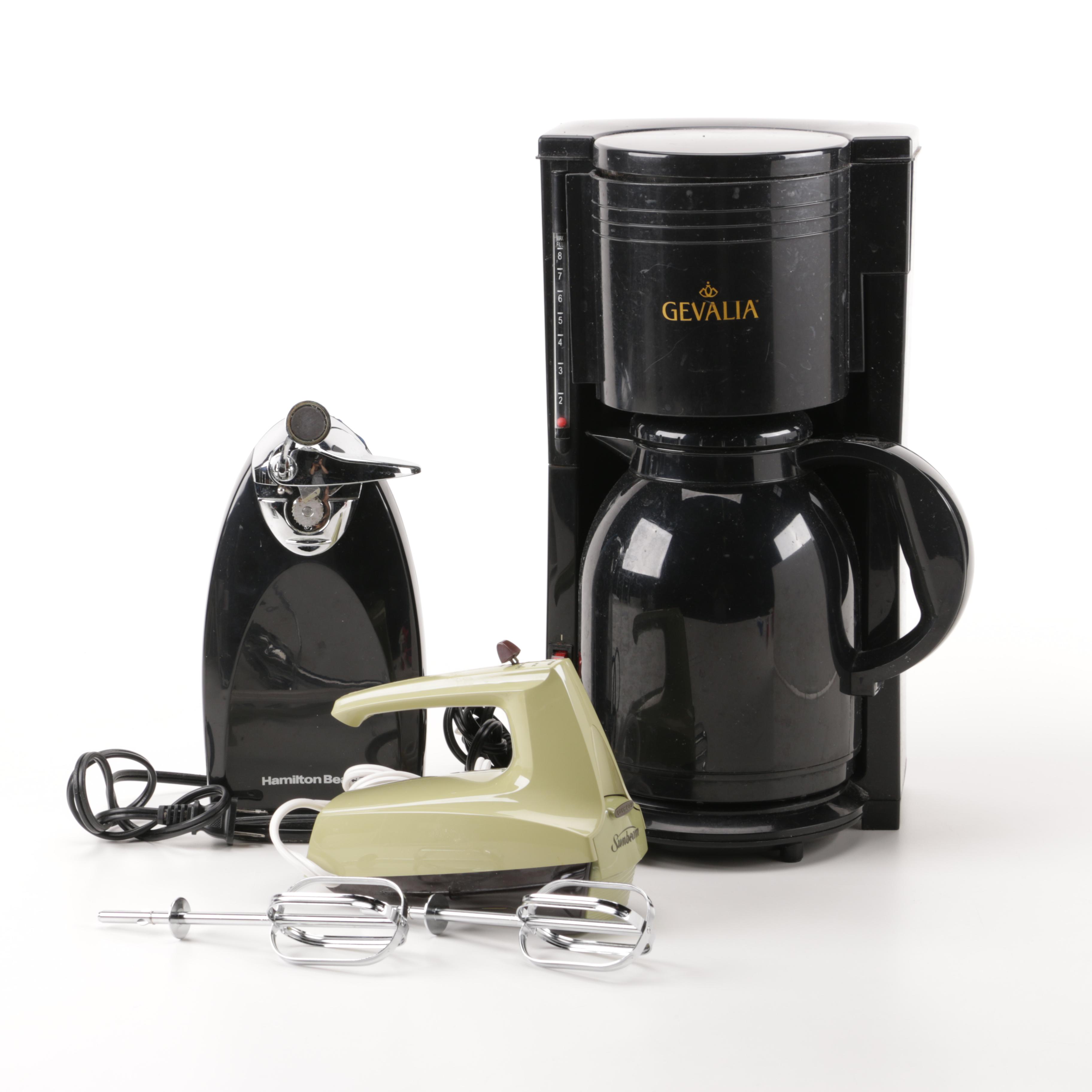 A Gevalia Coffeemaker, A Hamilton Beach Can Opener and a Sunbeam Hand Mixer