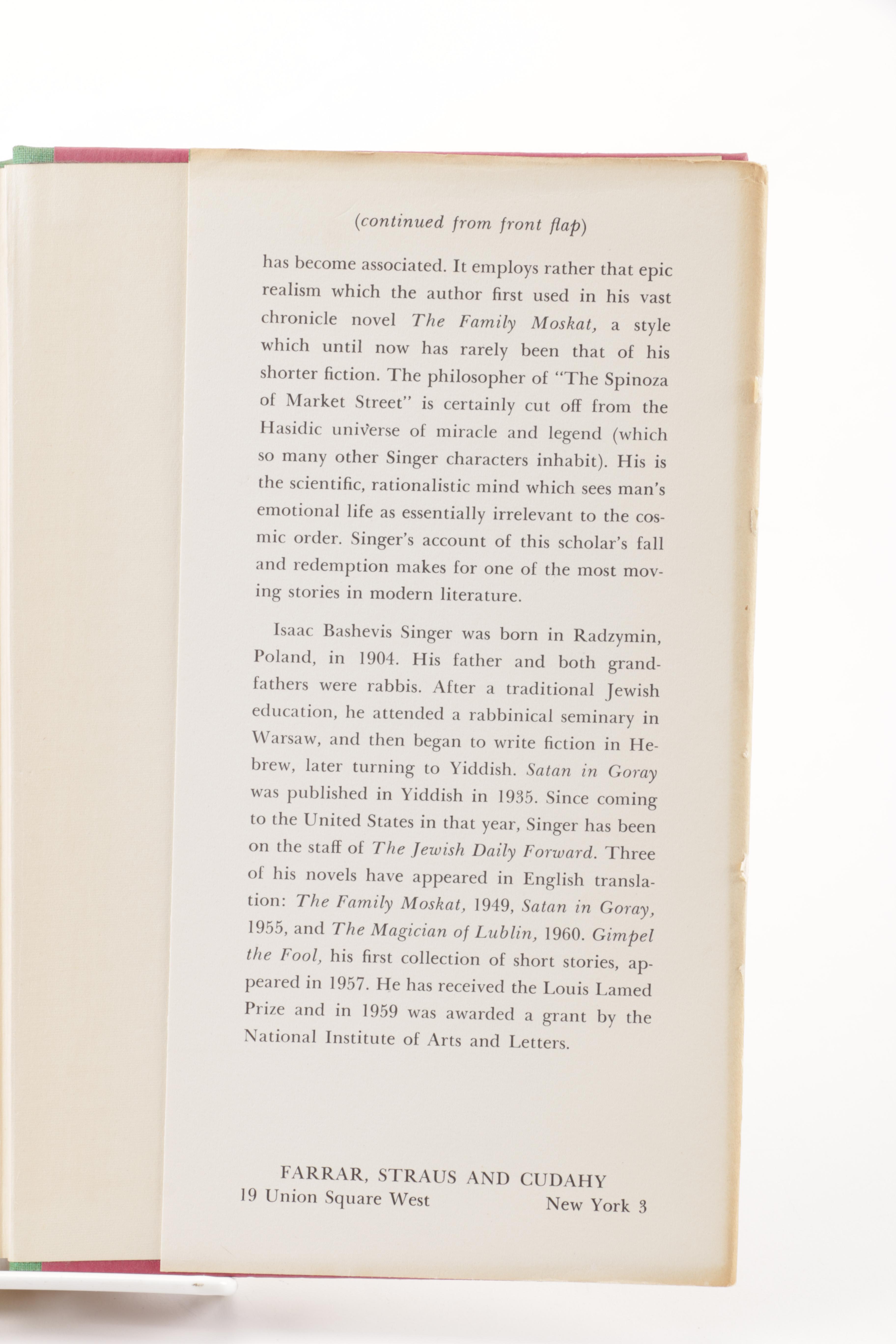 1961 Signed First Edition "The Spinoza of Market Street" by Isaac Bashevis Singer