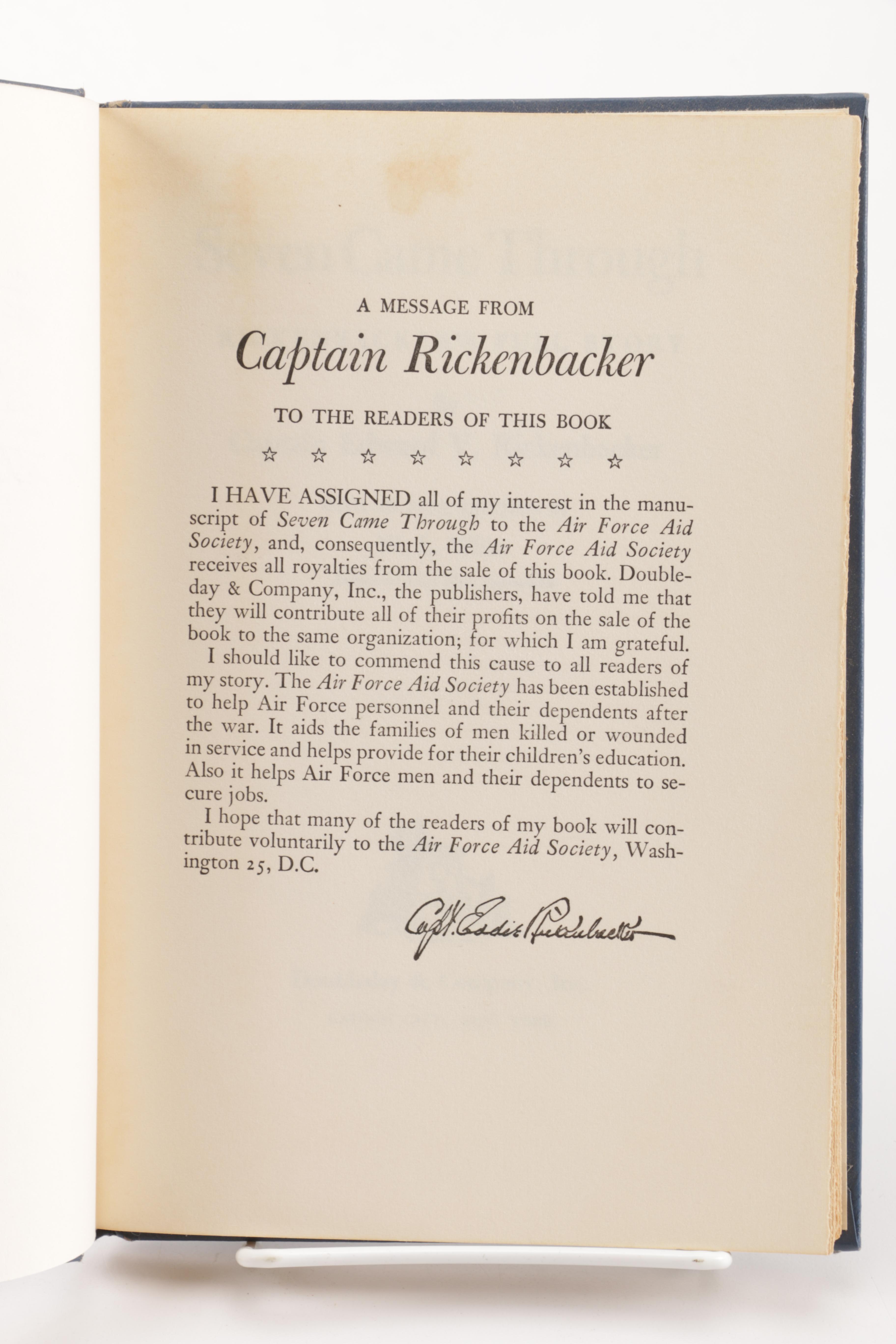 1943 Signed First Edition "Seven Came Through" by Eddie Rickenbacker